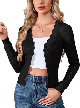 YesFashion Womens Cardigan Cropped Lightweight Long Sleeve V-Neck Slim Fit Open Front Knit Shrugs Sweater