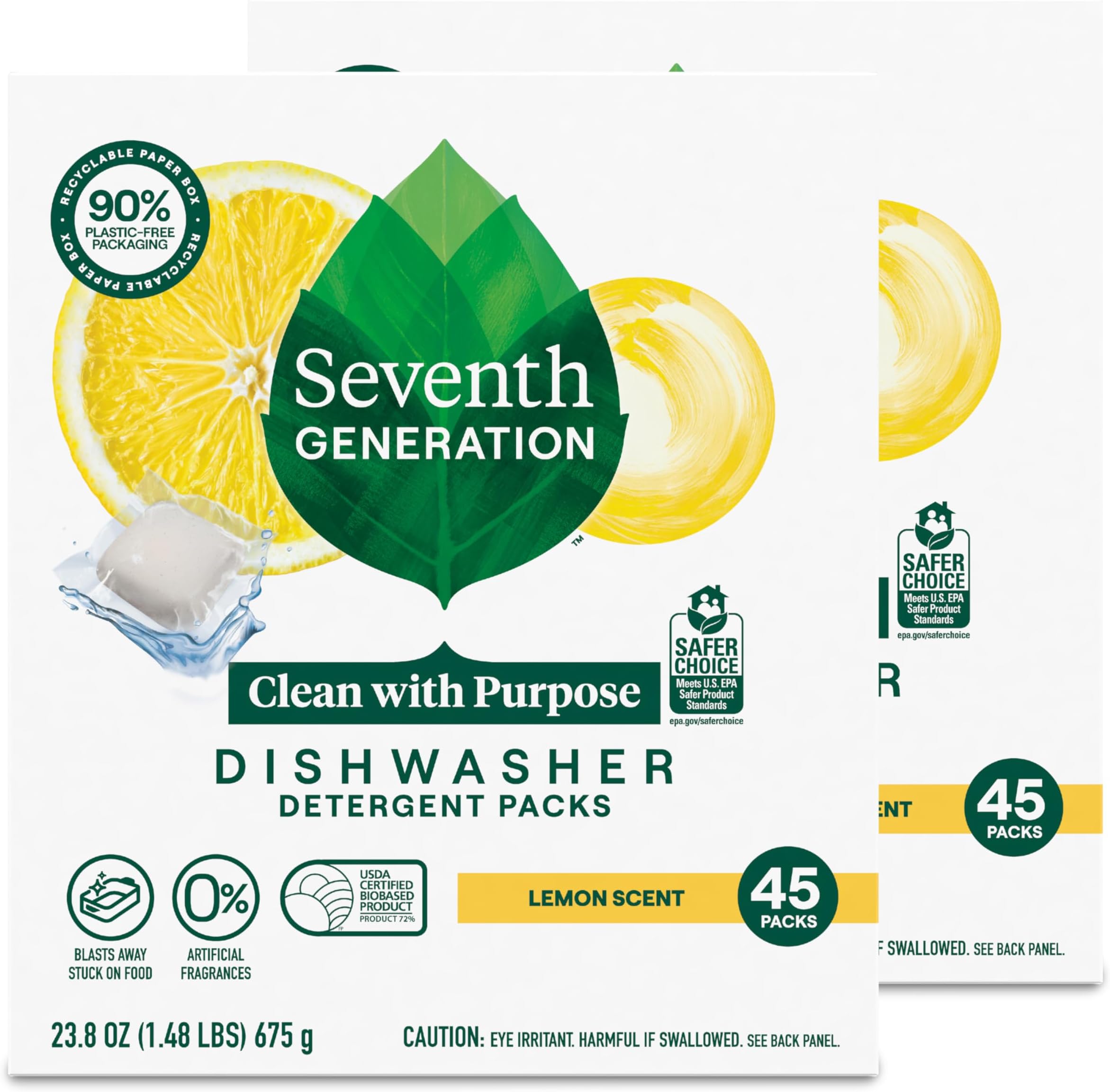 Seventh Generation Dishwasher Detergent Packs Lemon scent 2 Pack for sparkling dishes Dishwasher tabs 45 count