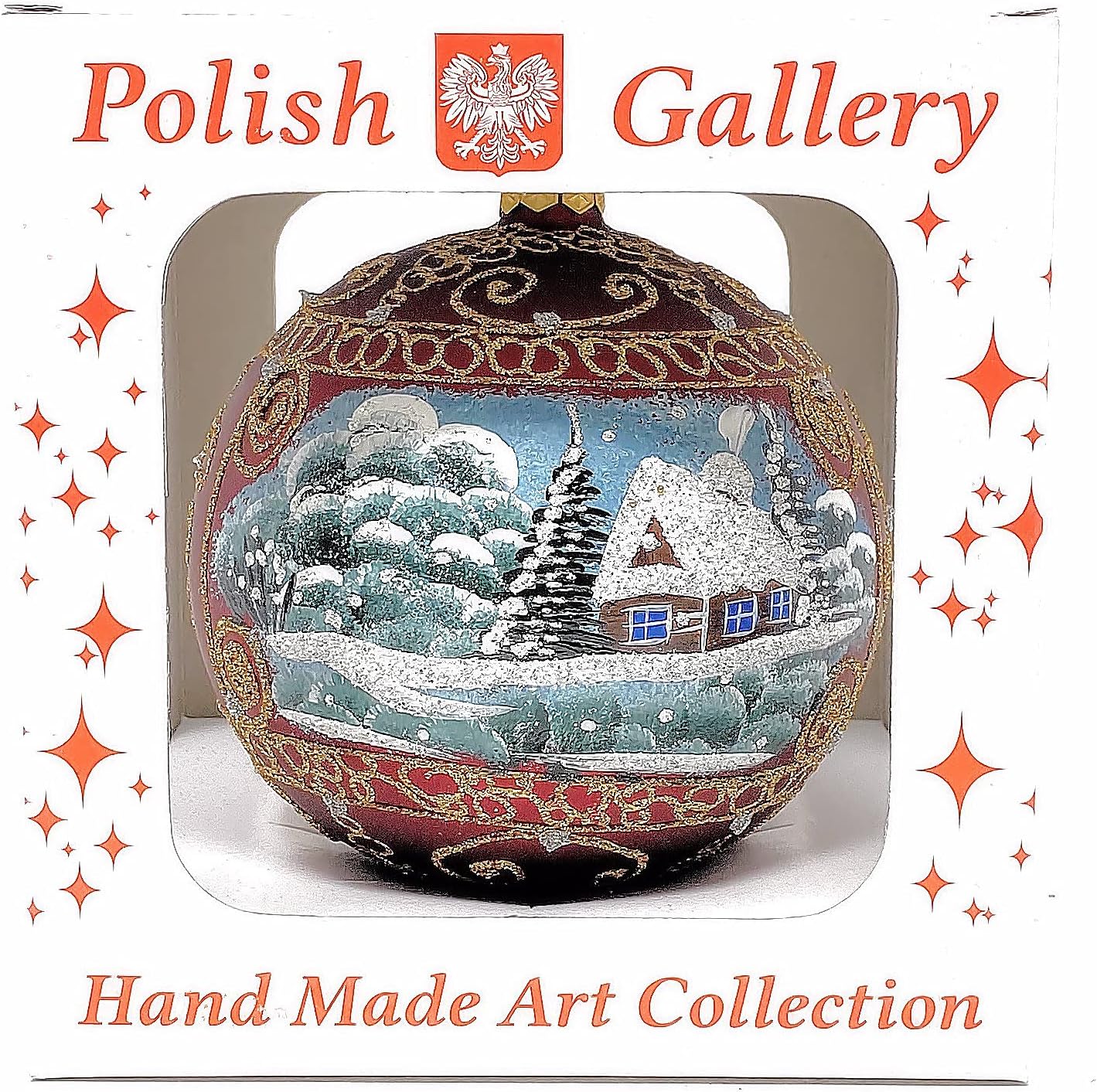 Christmas Ornament, Countryside Church and Log Houses Landscape, Blown Glass Ball (Burgundy, 120mm)