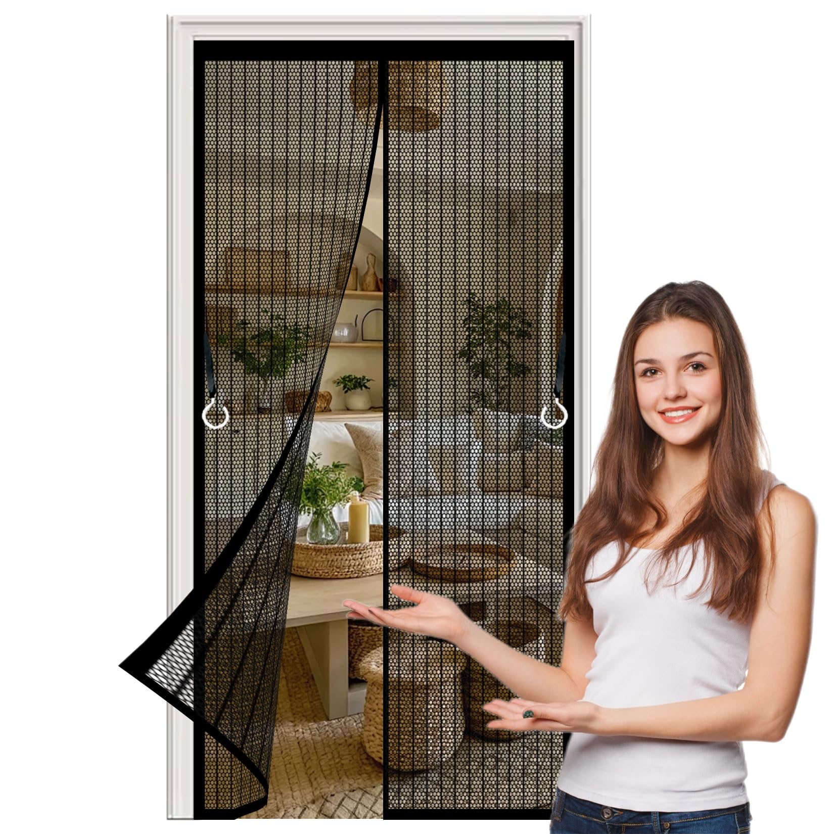 Magnetic Screen Door 122 x 185 cm Frame Hook & Loop, Powerful Magnets Magnetic Fly Screens No Drill Installation, Keep Bugs Out Pet and Kid Friendly, Black