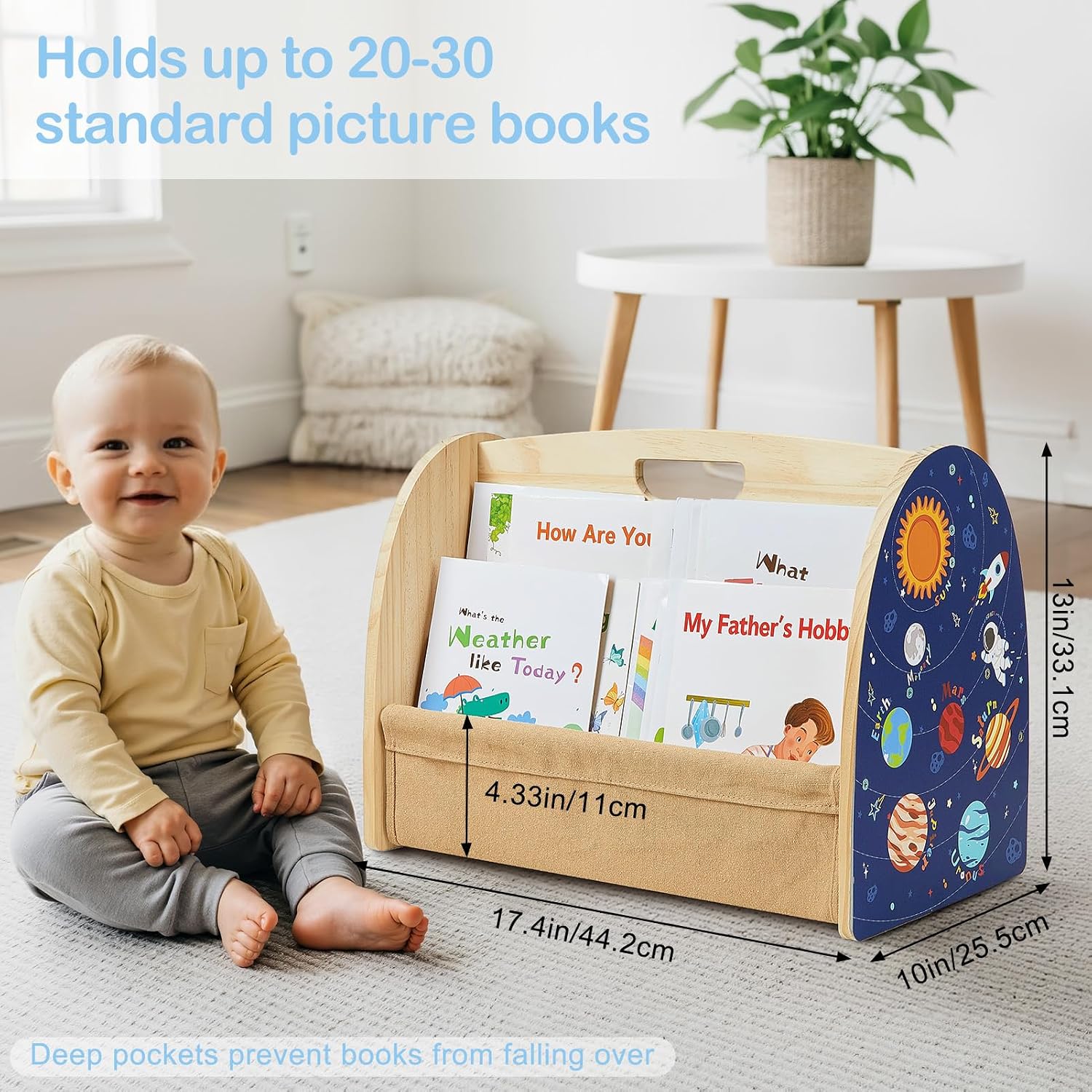Toddler Bookshelf Double-Sided with 4 Tier Deep Sleeves Kids Wooden Montessori Book Rack for Baby Nursery Room, Playroom, Classroom or Bedroom Bookcase Storage Organizer, Blue Astronaut image 4