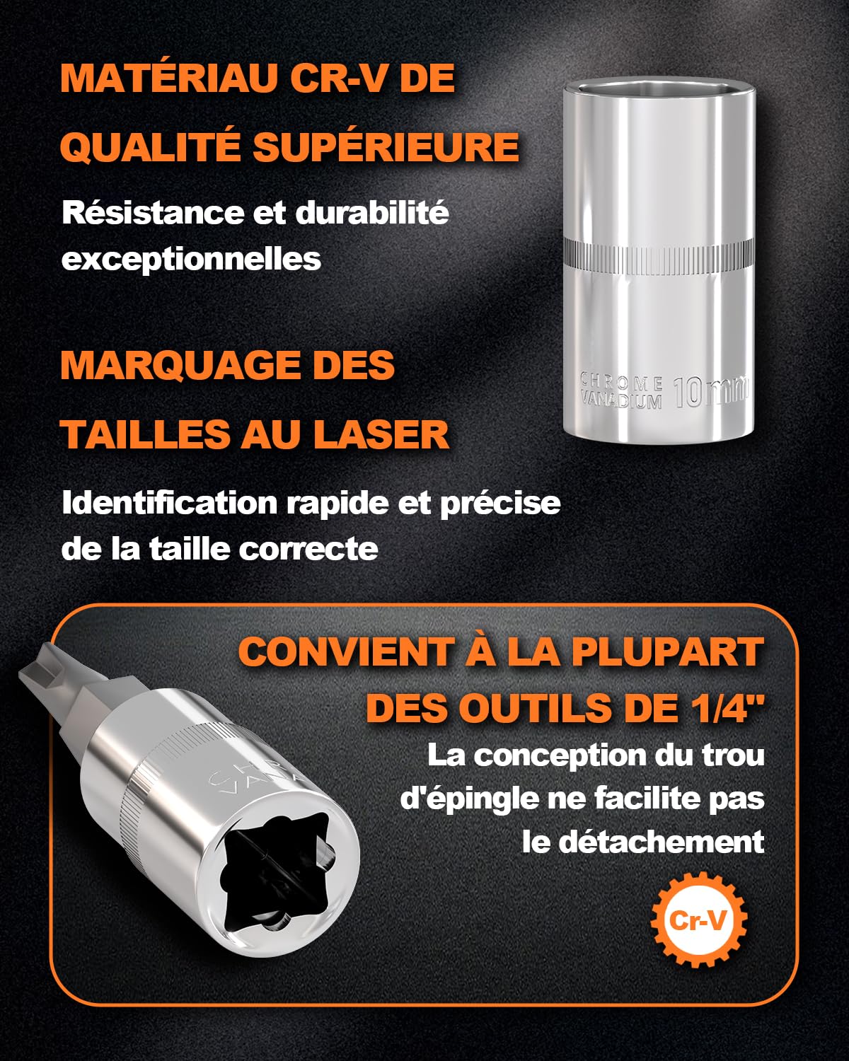 Lot de 46 Coffret Douille Cliquet 1/4" le Chromé, Ensemble de clés à Cliquet et Cliquets Adapté pour les Travaux sur Vélos et Outillage Mecanique Auto, Taille 1/4"