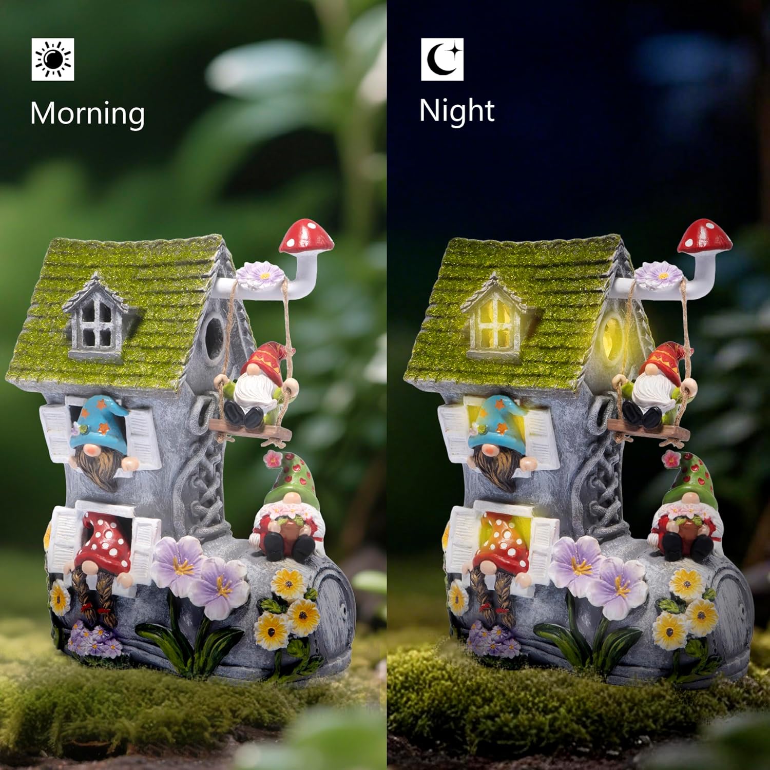 Hodao Spring Solar Gnomes Garden Decor - Whimsical Shoe House with Swinging Gnome, Hand-Painted Floral Base & Mushroom Swing for Porch, Yard, Flower Bed Garden Gifts for Women, Mom (Grey)