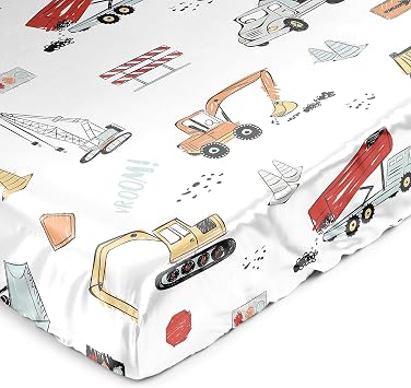 Sweet Jojo Designs Red Blue Construction Truck Boy Baby Satin Fitted Crib Sheet Infant Newborn Nursery Toddler Bed Room Standard Mattress Transportation Zone Vehicles Bulldozer Grey Yellow Black White