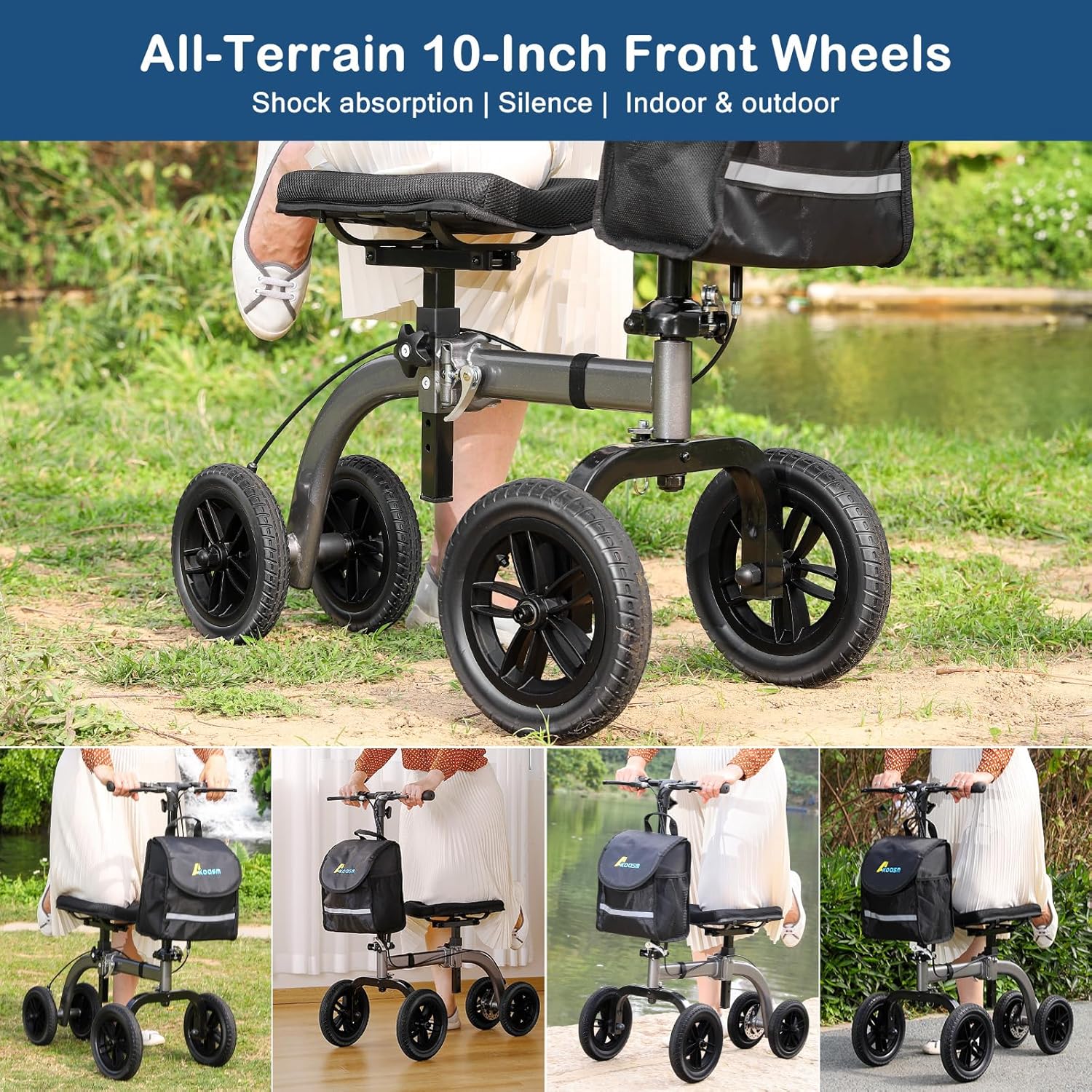 Collapsible All Terrain Knee Scooter for Adults for Foot Surgery, Adjustable Knee Walker Cart Scooters with Basket, Clearance Knee Crutchs Alternative for Broken Leg Ankle Injuries, Dual Brakes, Grey