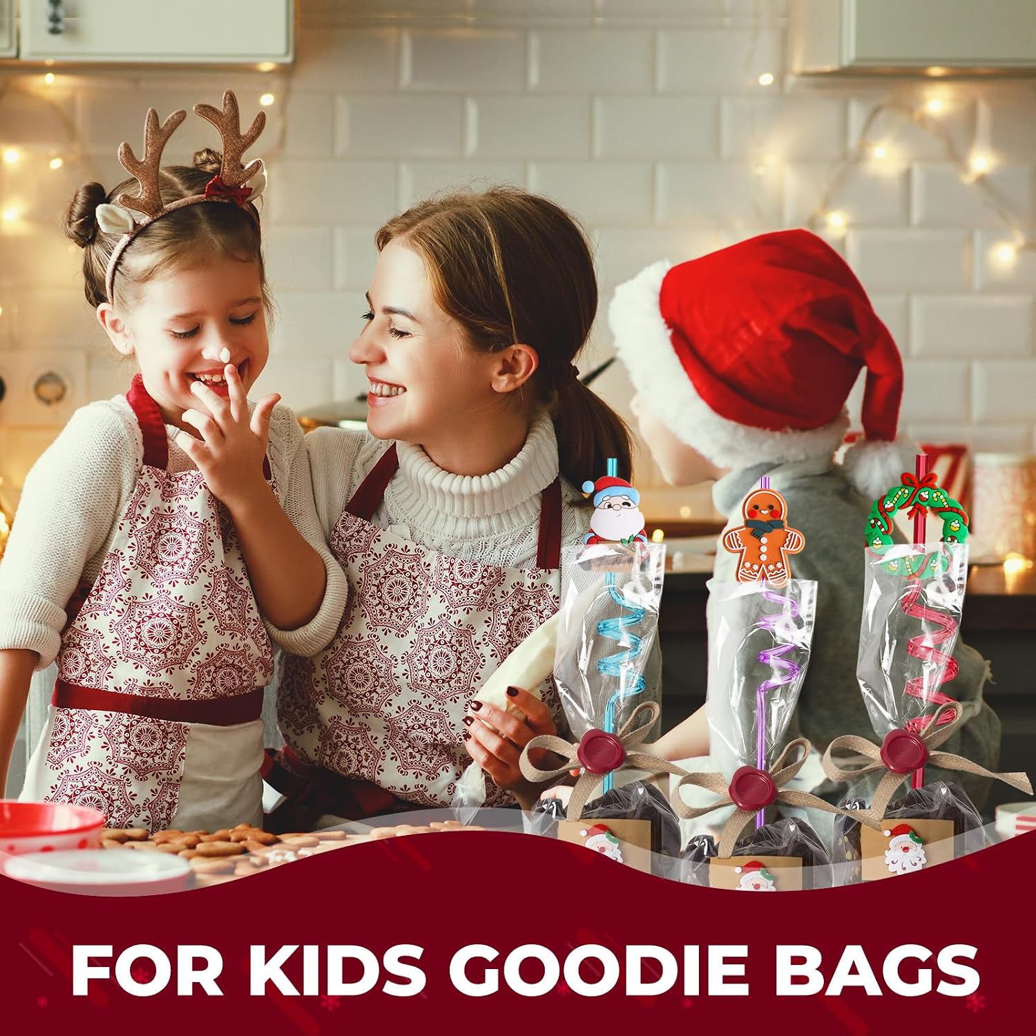 Christmas Party Favors for Kids Bulk, Christmas Straws for Kids Plastic, Christmas Party Favors for Kids Goodie Bags, Christmas School Party Favors for Kids, 48 Christmas Straws & 4 Cleaning Brushes