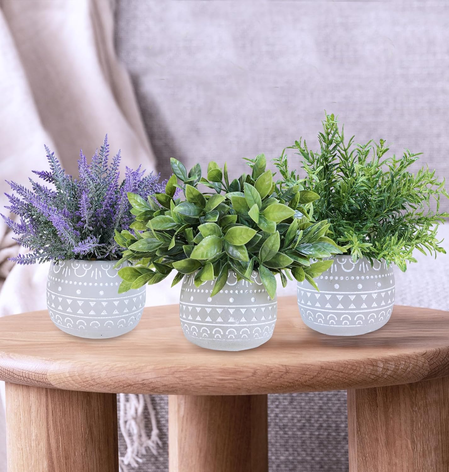 Winlyn Faux Potted Plants Set of 3 – Artificial Lavender Flower, Rosemary, Boxwood in Gray Geometric Concrete Pots for Wedding Home Living Room Table Centerpiece Windowsill Shelf French Boho Décor