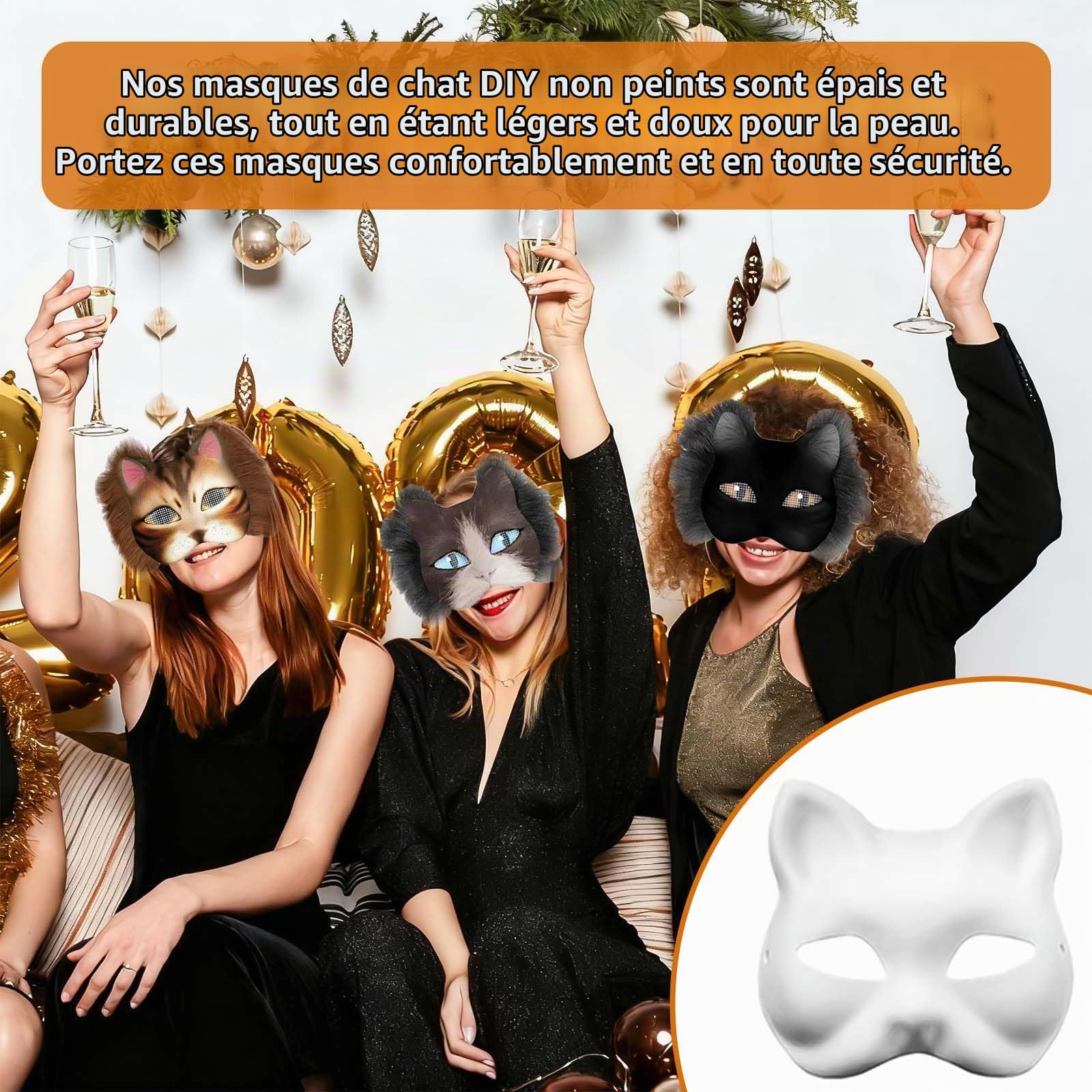 Masque Chat en Papier Blanc 6 Pièces Kit Complet DIY Peinture et Décoration avec Paillettes Fourrure Artificielle et Accessoires Créatifs Taille Universelle Pour Fête Anniversaire Carnaval