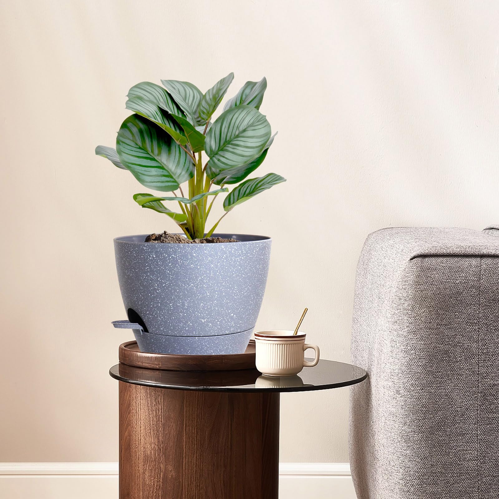 WSMKSZ Macetas de riego automático de 10 Pulgadas, macetas con Agujeros de Drenaje de Malla para Plantas de Interior y Exterior, Juego de 2 macetas de plástico con depósito Profundo, Gris Moteado