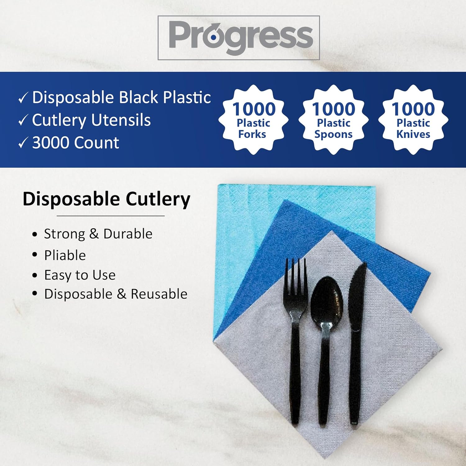 Progress Plastic Cutlery Set Individually Wrapped Heavy Duty Black Disposable Strong Durable for BBQ Party Supplies Restaurants Office All Events (Fork, Spoon & Knive) Black Plasticware Bulk 3000 Ct