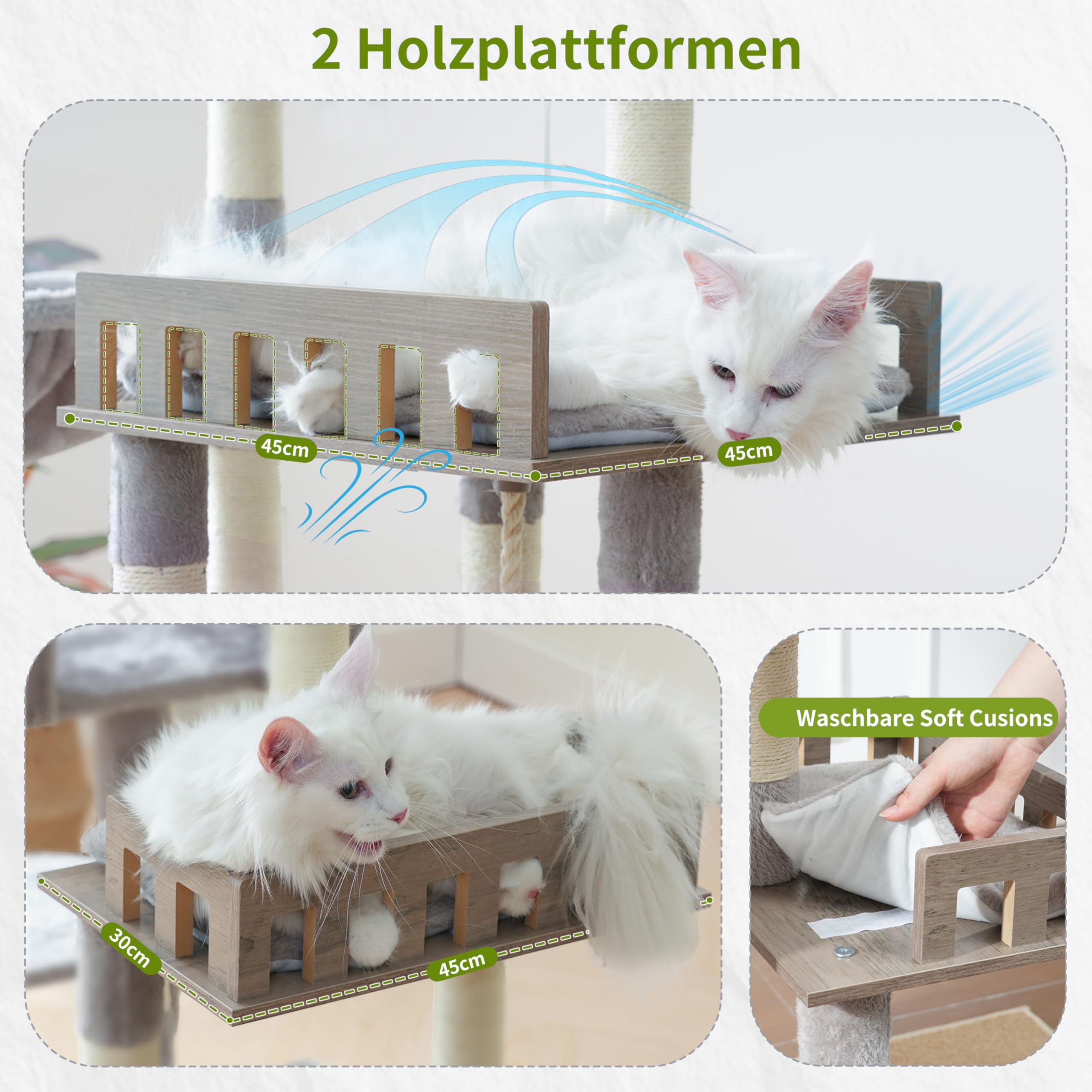 Gitelsnour Kratzbaum groß, Katzenbaum für große ausgewachsene Katzen, 174cm Katzenkratzbaum mit Hängematte, 2 große Sitzstangen, 2 Katzenhöhlen,15 Kratzstangen, Hellgrau GCT033W