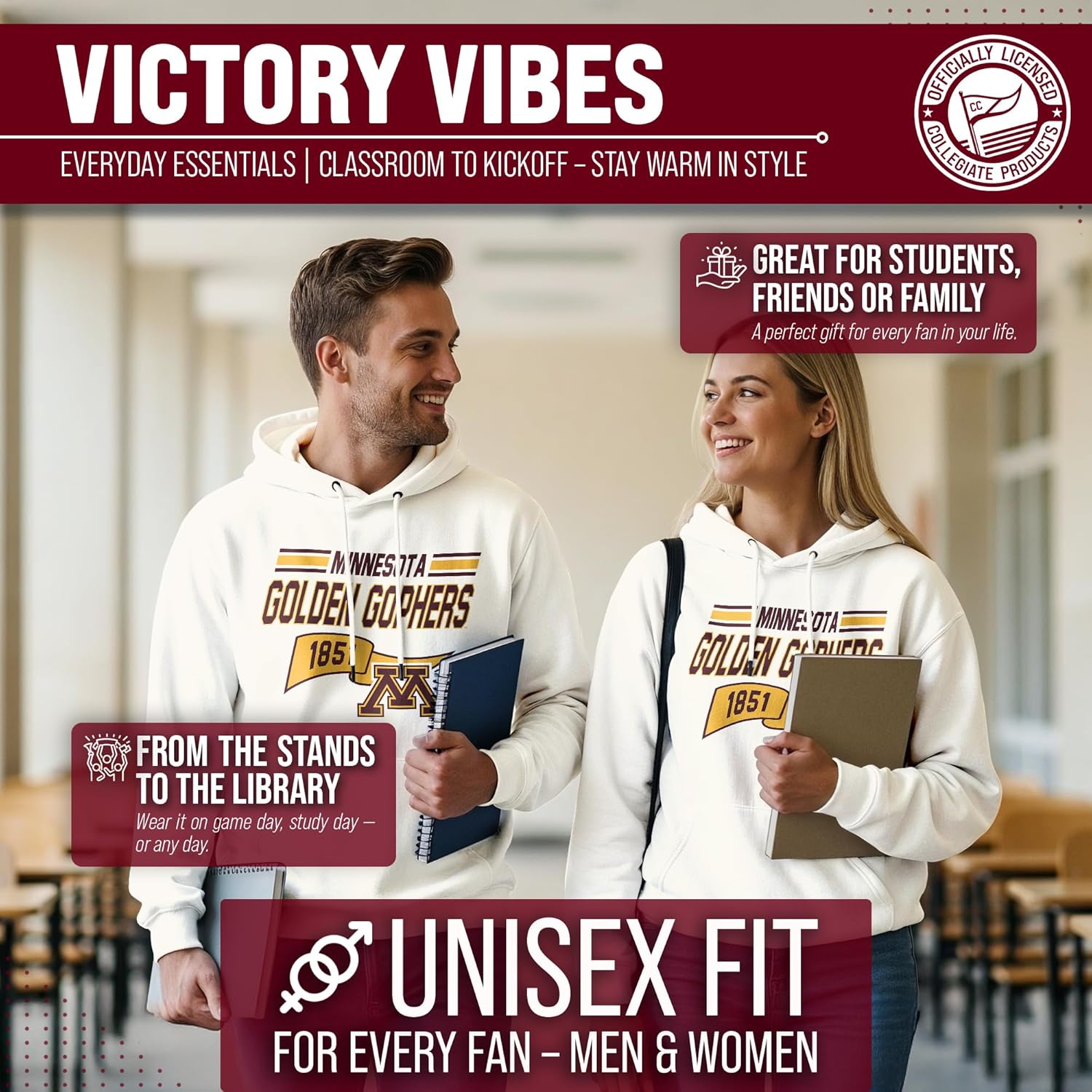 Campus Colors NCAA Adult Unisex Varsity Club Pennant Hooded Fleece Sweatshirt, Cozy Cotton Poly Blend, Classic Design