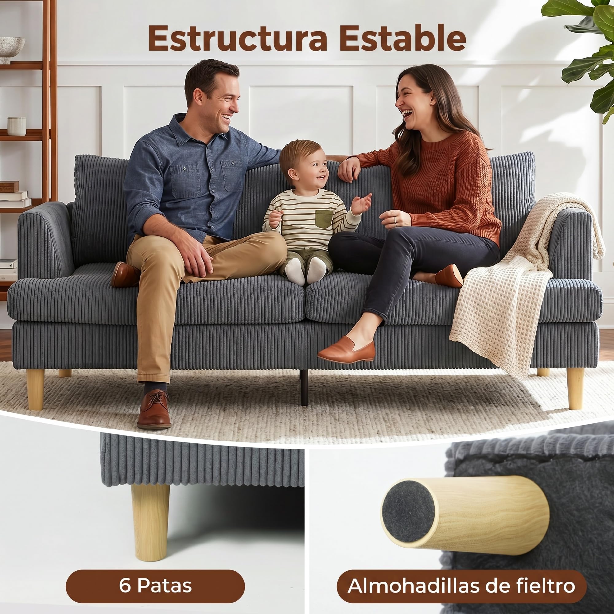 HOMCOM Sofá de 3 Plazas, Sofá de Salón Moderno, 188x80x86 cm, Tapizado en Pana, Acolchado Grueso de Muelles, Asiento Ancho, Reposabrazos, Fácil Montaje, 2 Almohadas, Gris Oscuro