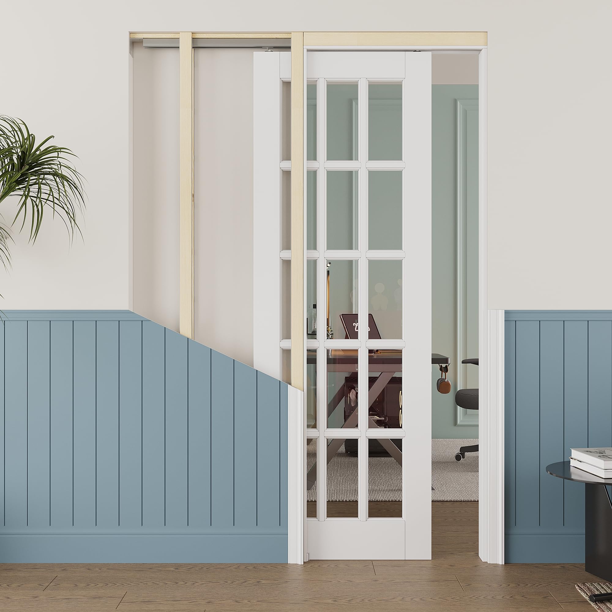 30x80 Sliding Pocket Door,15 Lite Clear Glass Doors,Murphy Hidden Doors