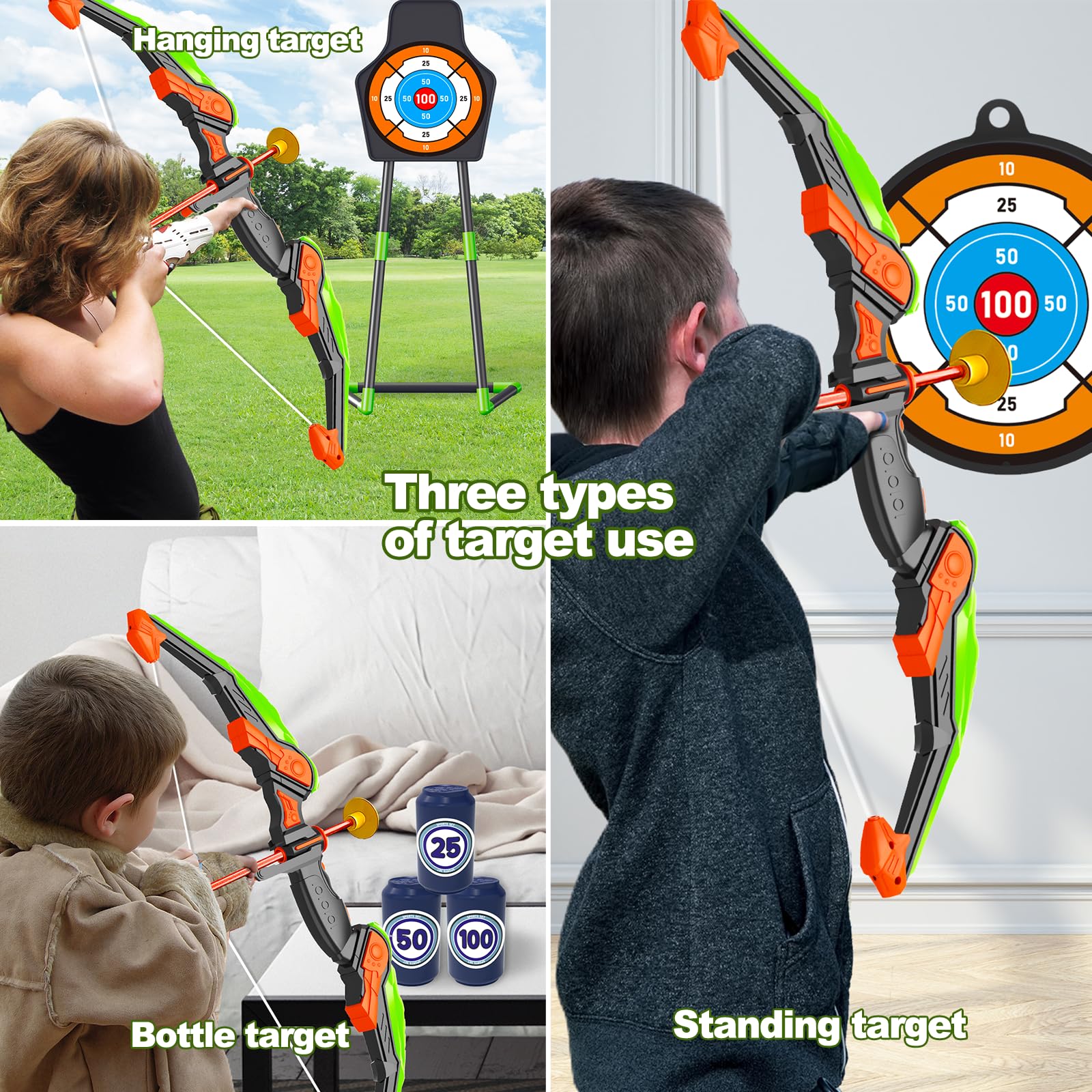 Doloowee Arc et flèche pour Enfants avec lumières LED – Ensemble de tir à l'arc amélioré Comprenant 1 Super Arc, 8 flèches à Ventouse, Cible 2 en 1 avec Jouets carquois à bandoulière