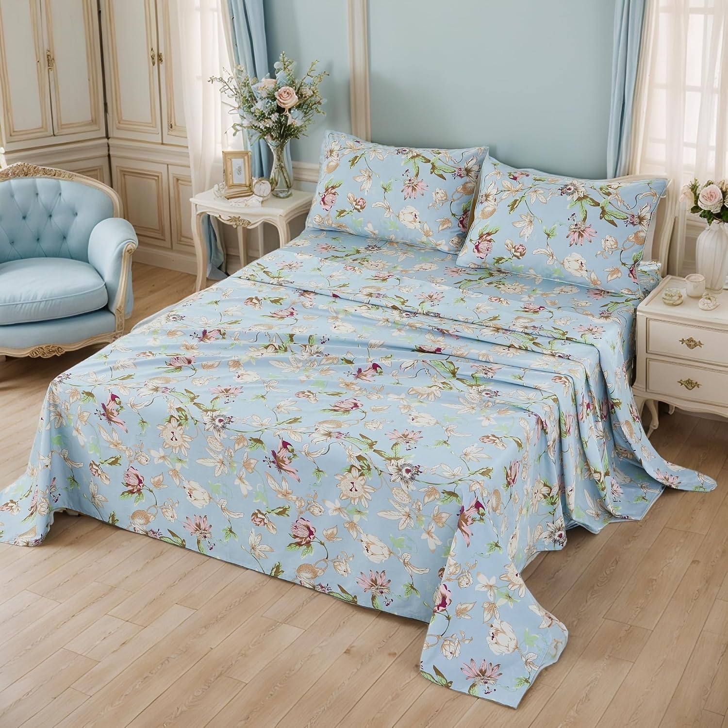 Brandream Floral Bedding Botanical Flower Farmhouse Queen Size Sheets Set Luxury Bedding Collections 800 Thread Count 100% Egyptian Cotton Deep Pocket, 4 Piece Blue