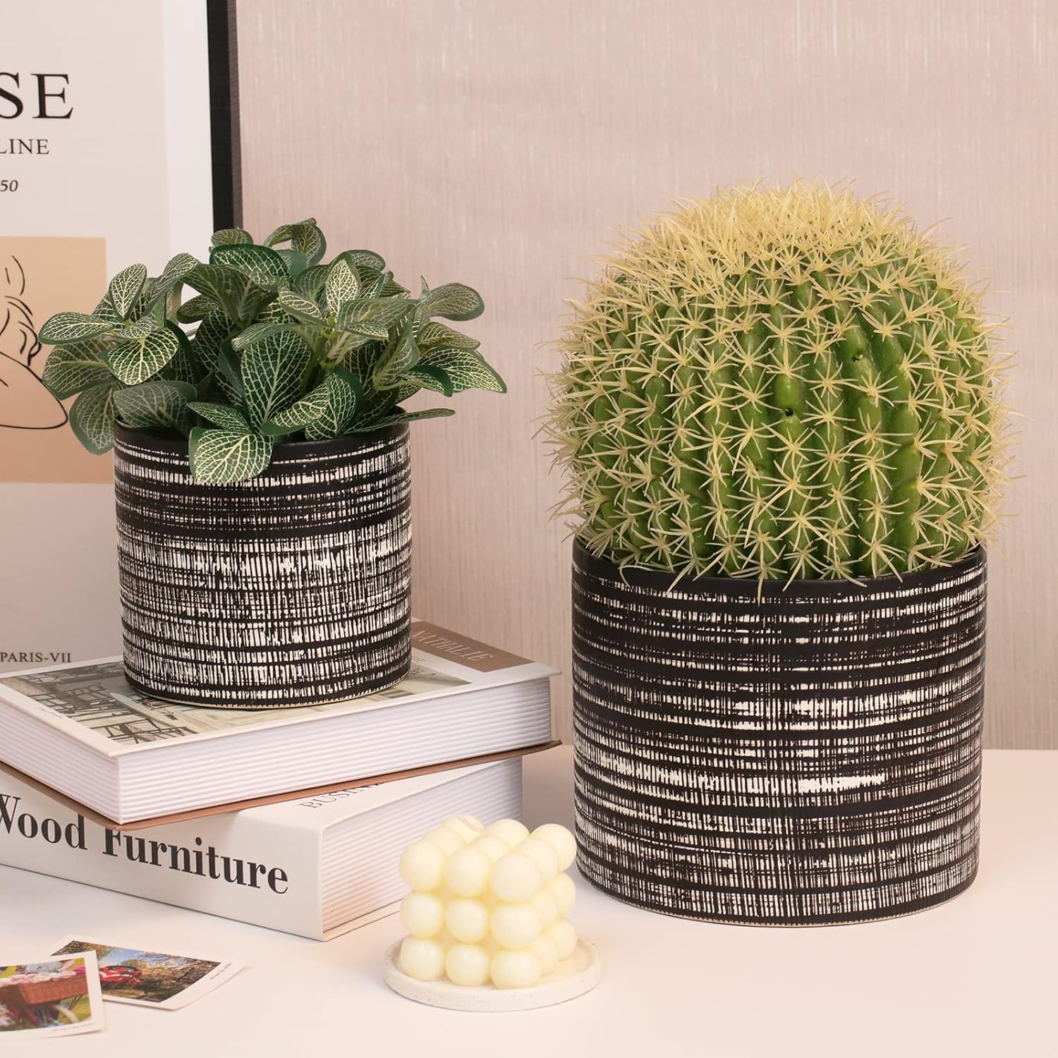 Plant Pots Indoor 2 Pack, 5 & 7 Inch Ceramic Planter Pots with Drainage Hole, Set of 2 Flower Pots - Herbs/Snake/Succulent/Orchid Cylinder Plant Pot(Black)