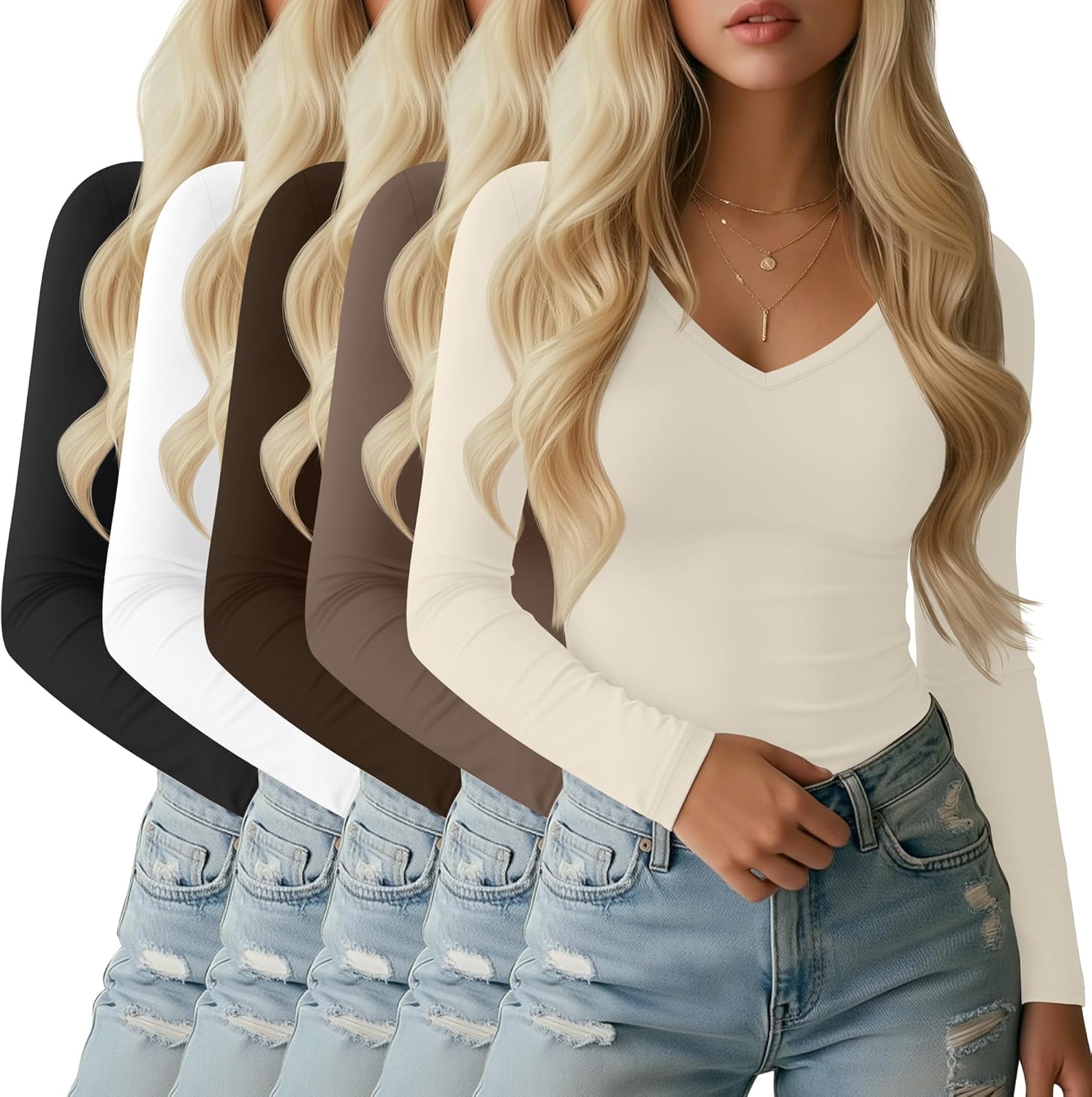 Sweetyweee 5 Pack Long Sleeve V Neck T Shirts for Women, Cotton Slim Fitted Shirt Casual Tight Basic Tee Tops for Layering