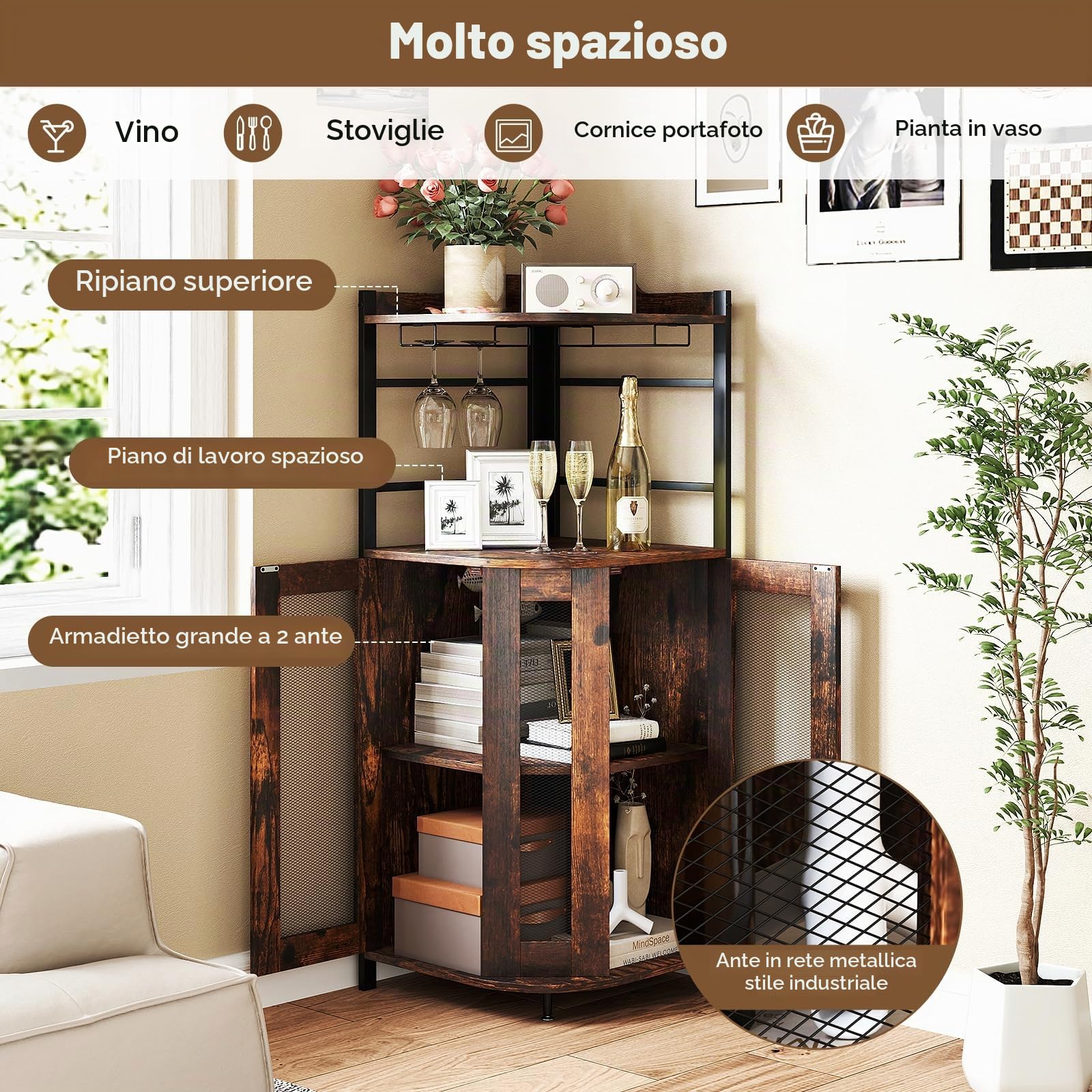 GIANTEX Armadietto Angolare Industriale Da Bar Con Supporto In Vetro, Armadietto Da Vino Con Ripiano Regolabile, Portabottiglie Vino Da Cucina Con Protezione, 130x47,5x47,5 cm (Marrone)