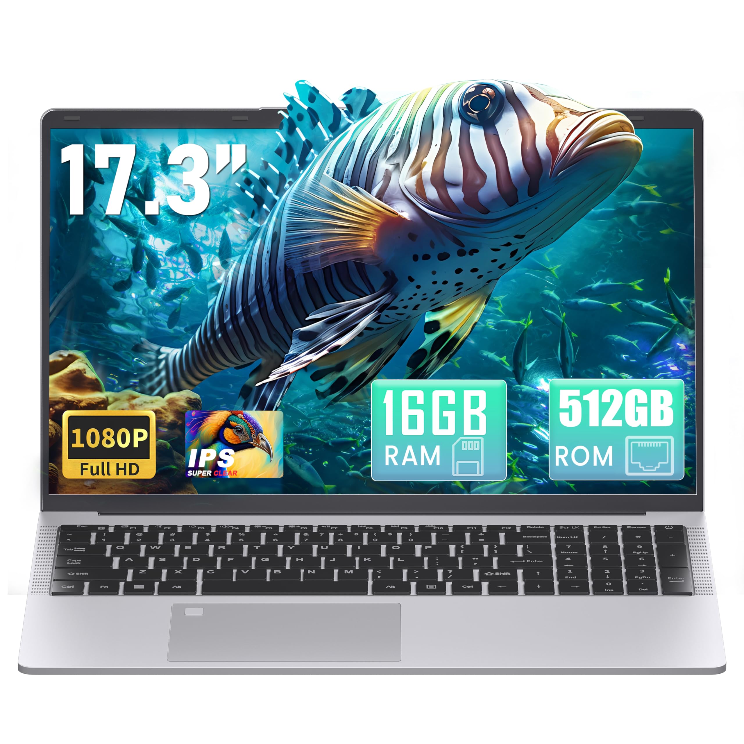 Laptop FHD IPS da 17,3 pollici con quad-core N5095, 16 GB RAM, SSD NVMe da 512 GB, sensore di impronte digitali, tastiera illuminata, HDMI, Wi-Fi, Bluetooth, argento Notebook per ufficio, casa