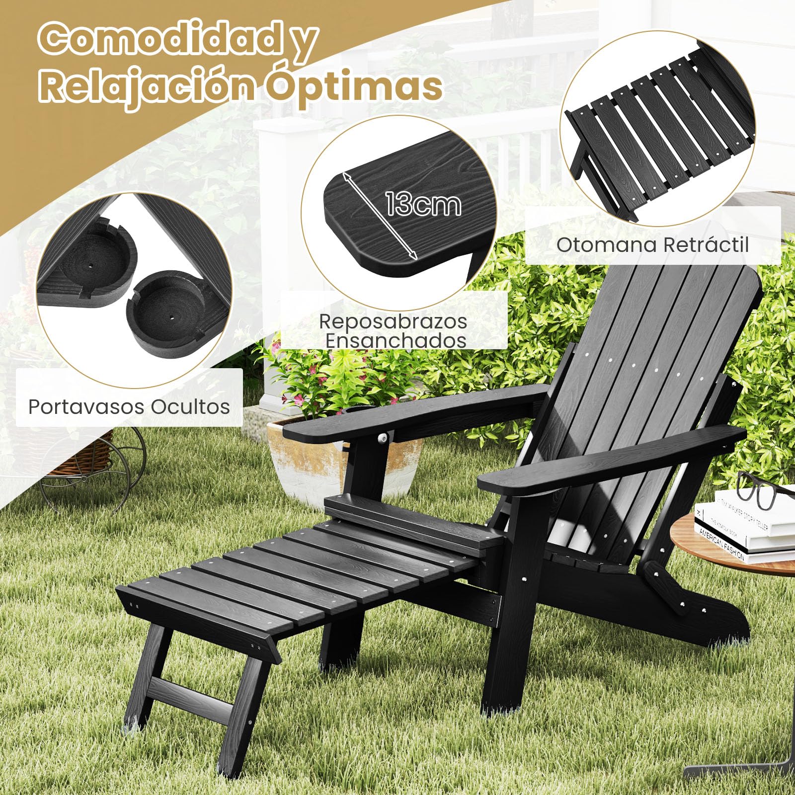 GIANTEX Silla Adirondack Plegable con Reposapiés Retráctil, Tumbona de Hips con Respaldo Ajustable y Portavasos, Carga hasta 180 kg, Silla de Relax para Jardín, Balcón, Patio (Negro)
