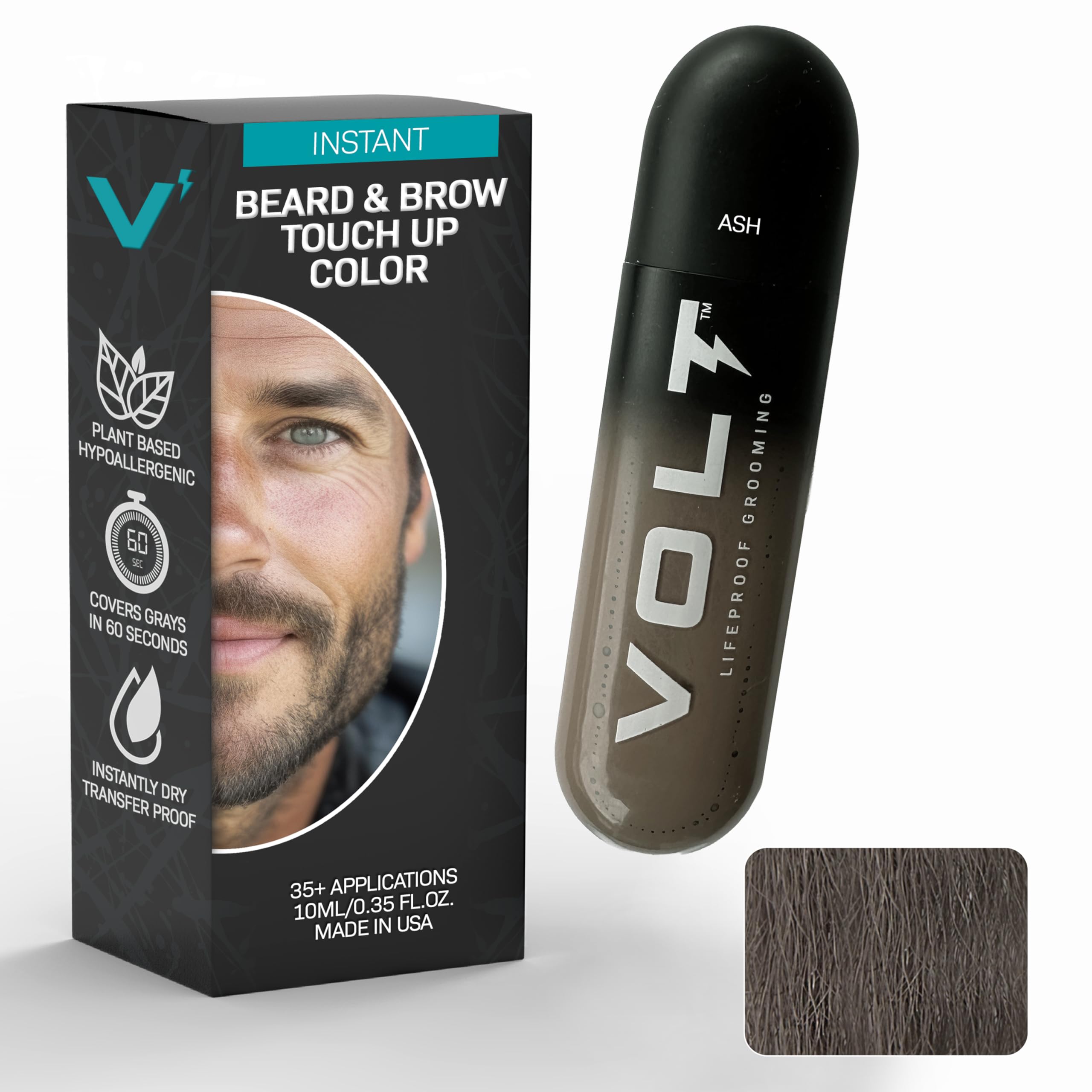 VOLT Grooming Temporary Instant Beard Color for Men, Quick Drying Plant-Based Brush On Beard, Hair, Mustache & Eyebrow Color, Safe for Sensitive Skin, Ash Gray Brown, 1 Pack, Up to 35 Applications