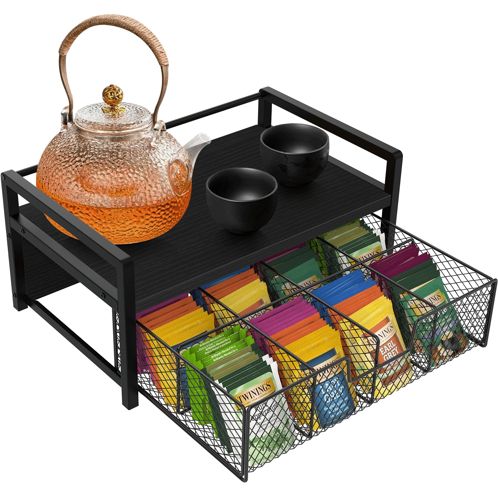 Homode Teebeutel-Organizer aus Holz, Teebeutelhalter mit Schublade, Tee-Organizer und Aufbewahrungsbox, 8 Fächer, Teedose, Truhen, Präsentationsbehälter für Theke, Küche, Schwarz