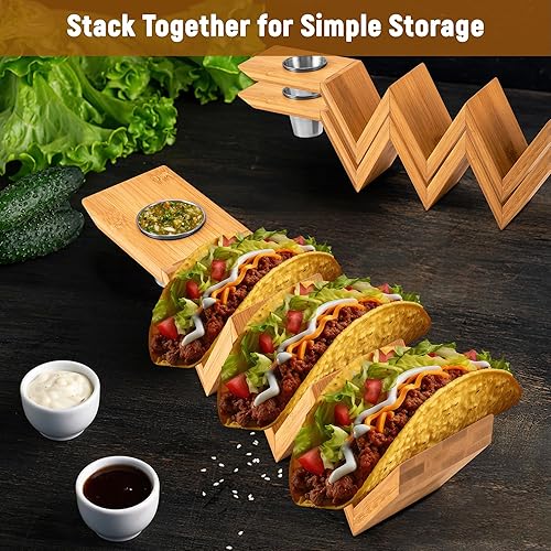 Miniatura 2 de Prikoi Soportes para tacos con cuenco para salsa, estilo de bandeja de bambú para tacos, placa de exhibición de tacos de grado alimenticio, 2