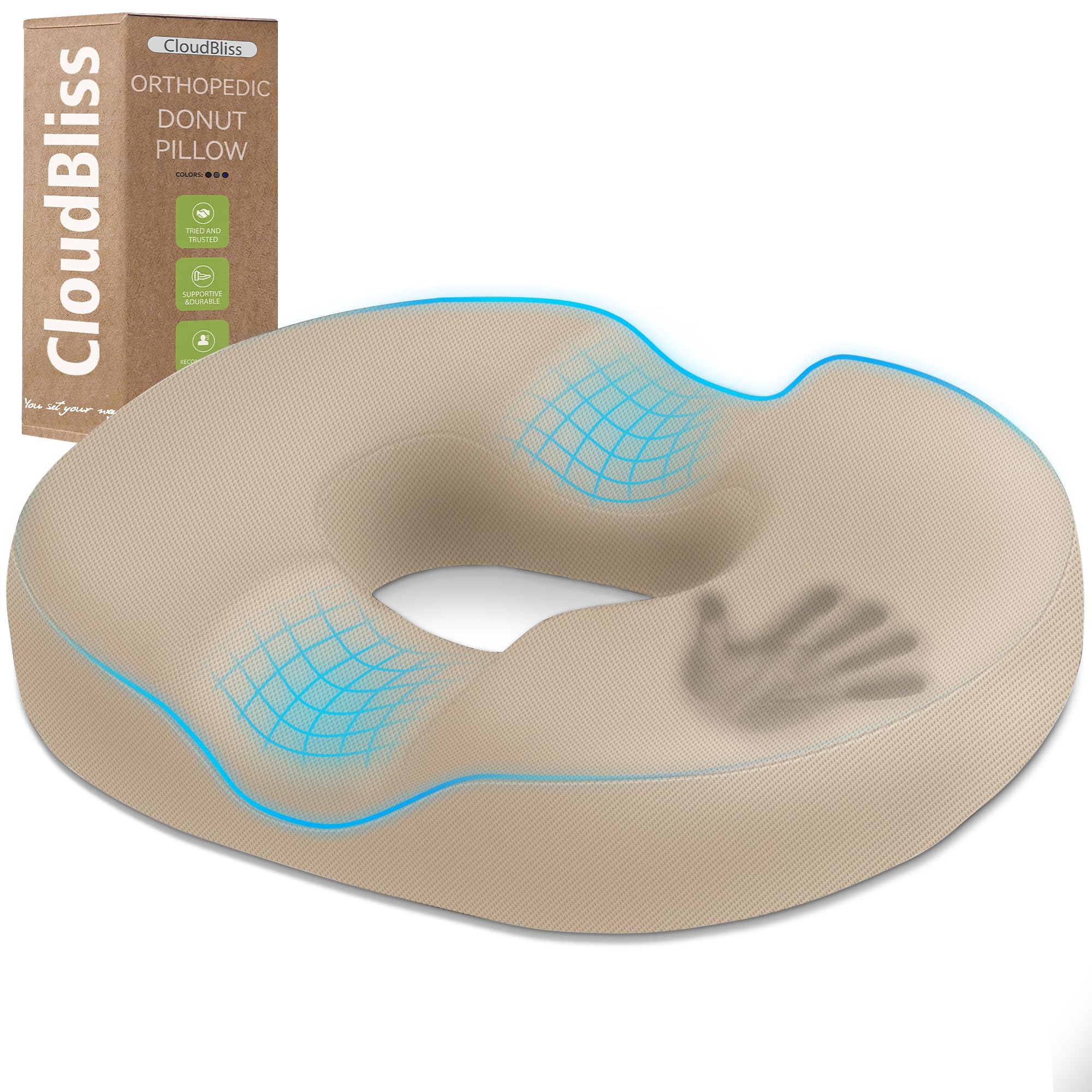 CloudBliss Donut Pillow Stadium Seat Cushion for Tailbone Pain Relief and Hemorrhoids, Memory Foam Seat Chair Cushion, Portable Seat Cushions for Bleachers, Car, Home &amp; Office