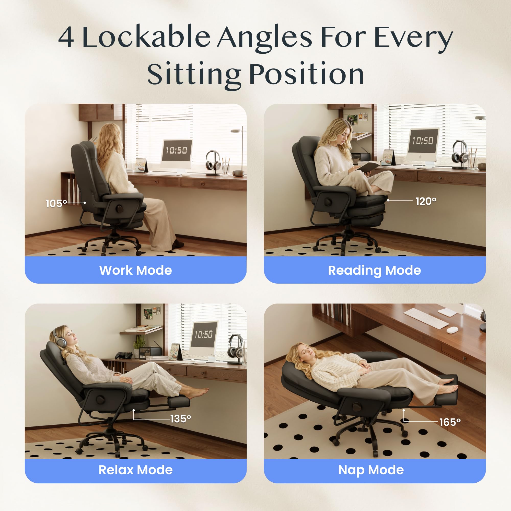 FLEXISPOT Luno Chefsessel Ergonomischer Bürostuhl mit Fußstütze | 160° Liegefunktion, Katzenkratzfestes Kunstleder Ideal zum Arbeiten, Entspannen & Mittagsschlaf Beige