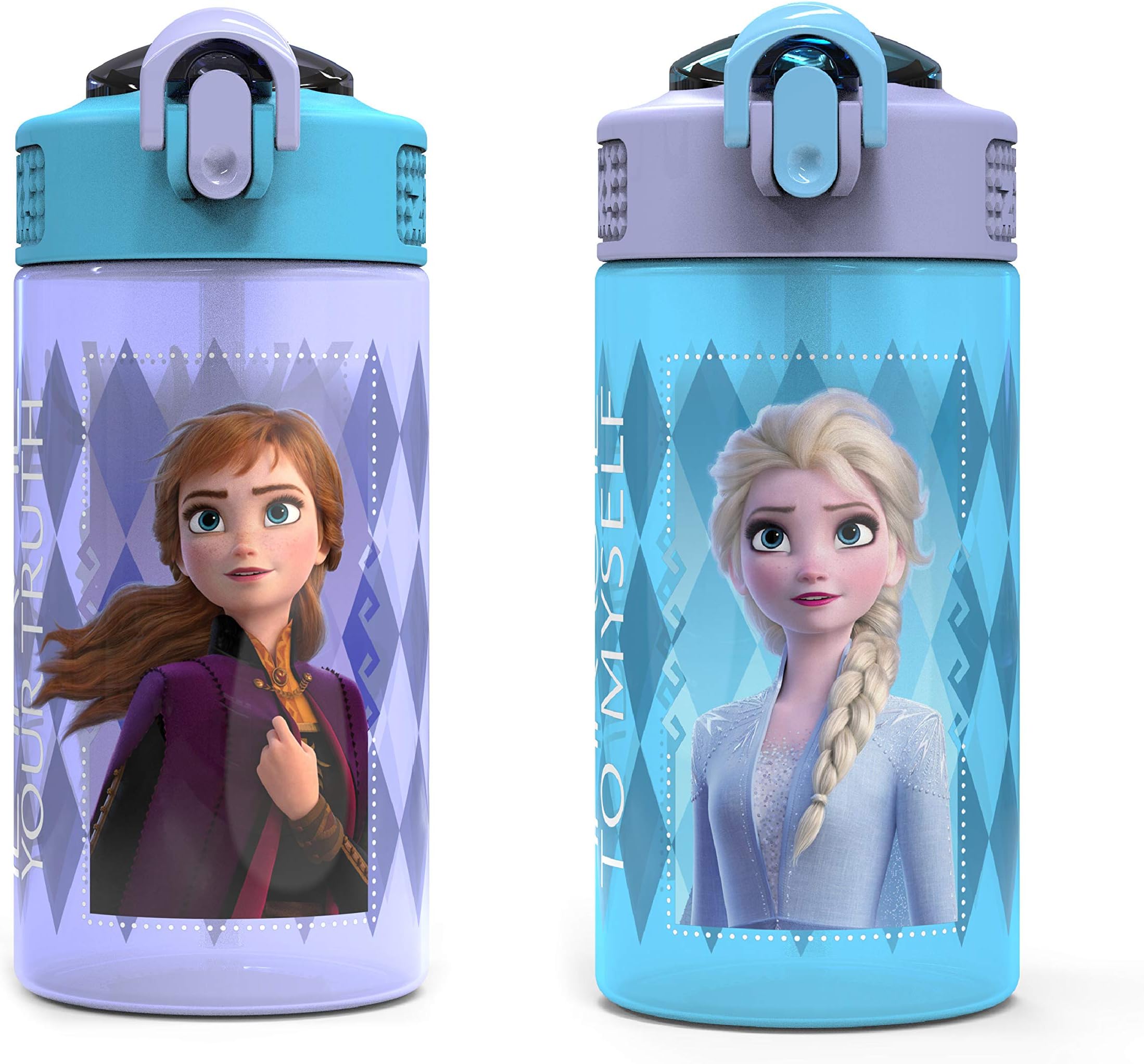 Disney Frozen 2 Kids Water Bottle with Spout Cover and Carrying Loop, Durable Plastic, Leak-Proof Water Bottle Design for Travel (16 oz, 2-Pack, Non-BPA, Elsa & Anna)