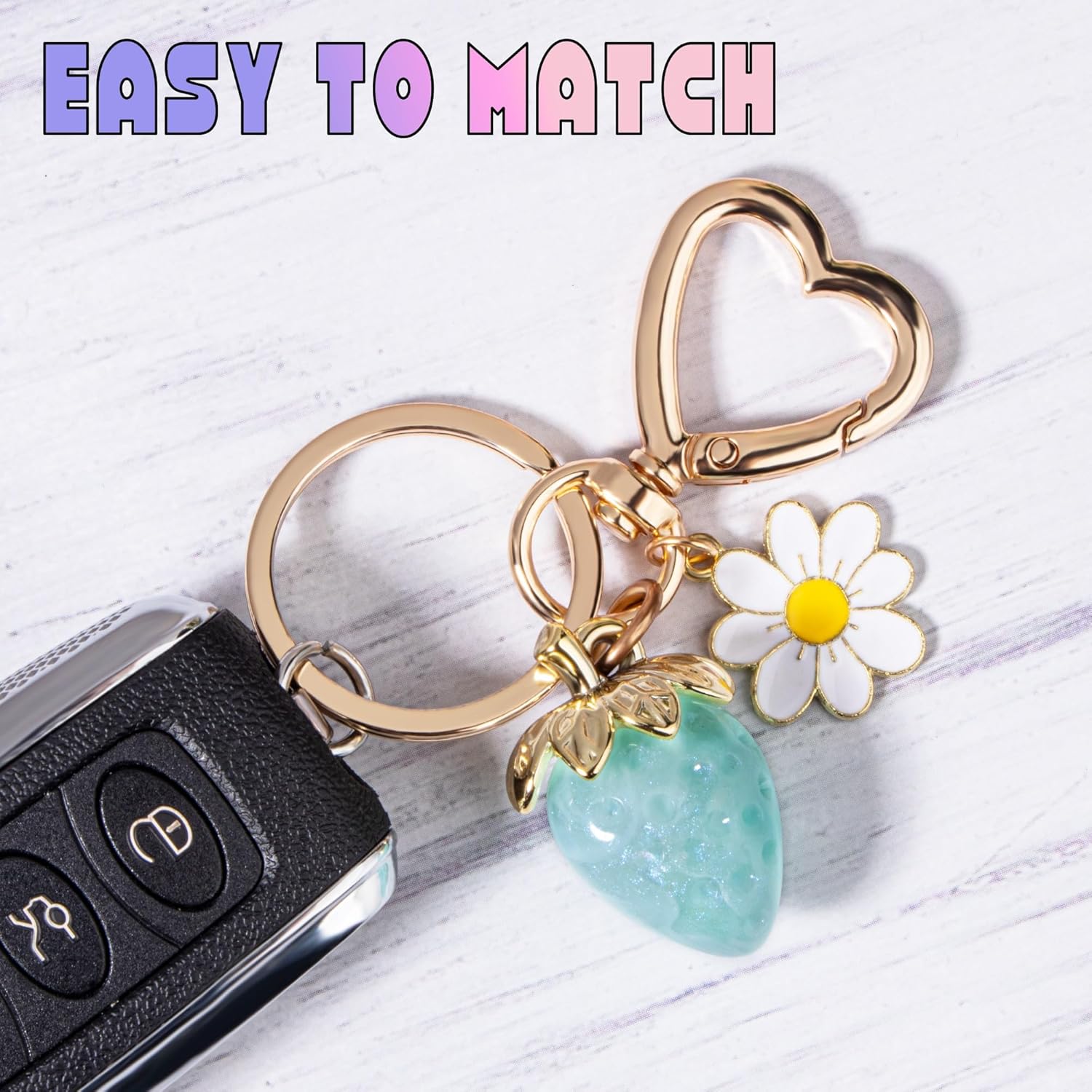 Wikavanli Cute Strawberry Keychain,Bag Charms,Kawaii Heart Flower Daisy Key chains Accessories Decor for Women Girls Purse - Image 2
