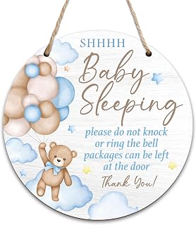 Baby Sleeping Door Sign For Front Door, Blue Bear Do Not Knock Or Ring Doorbell Hanging Sign For Home, No Soliciting Door Sign Gifts For New Parents, Do Not Disturb Sign Decor For Babyroom Nursery -02