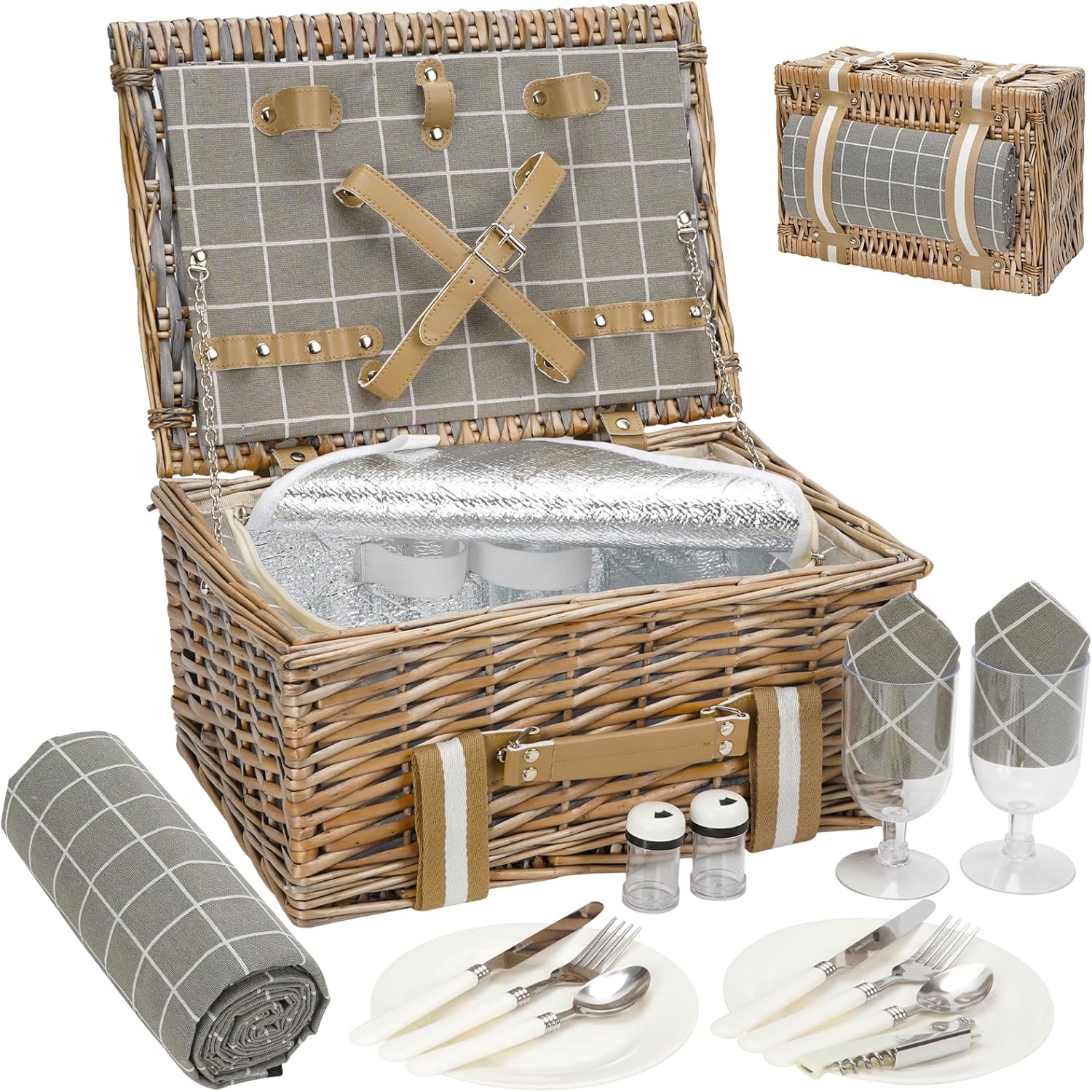Wicker Picnic Basket for 2 with Cooler & Blanket