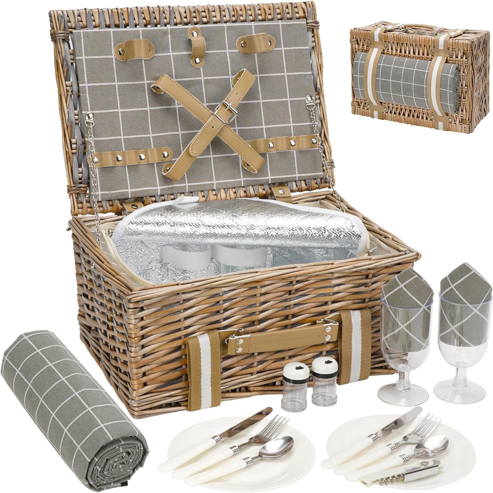 Wicker Picnic Basket for 2 - Willow Basket with Waterproof Picnic Blanket | Willow Picnic Set with Insulated Cooler | Wicker Hamper with Cutlery Kit | Gift Basket for Christmas, Thanks Giving, Grey