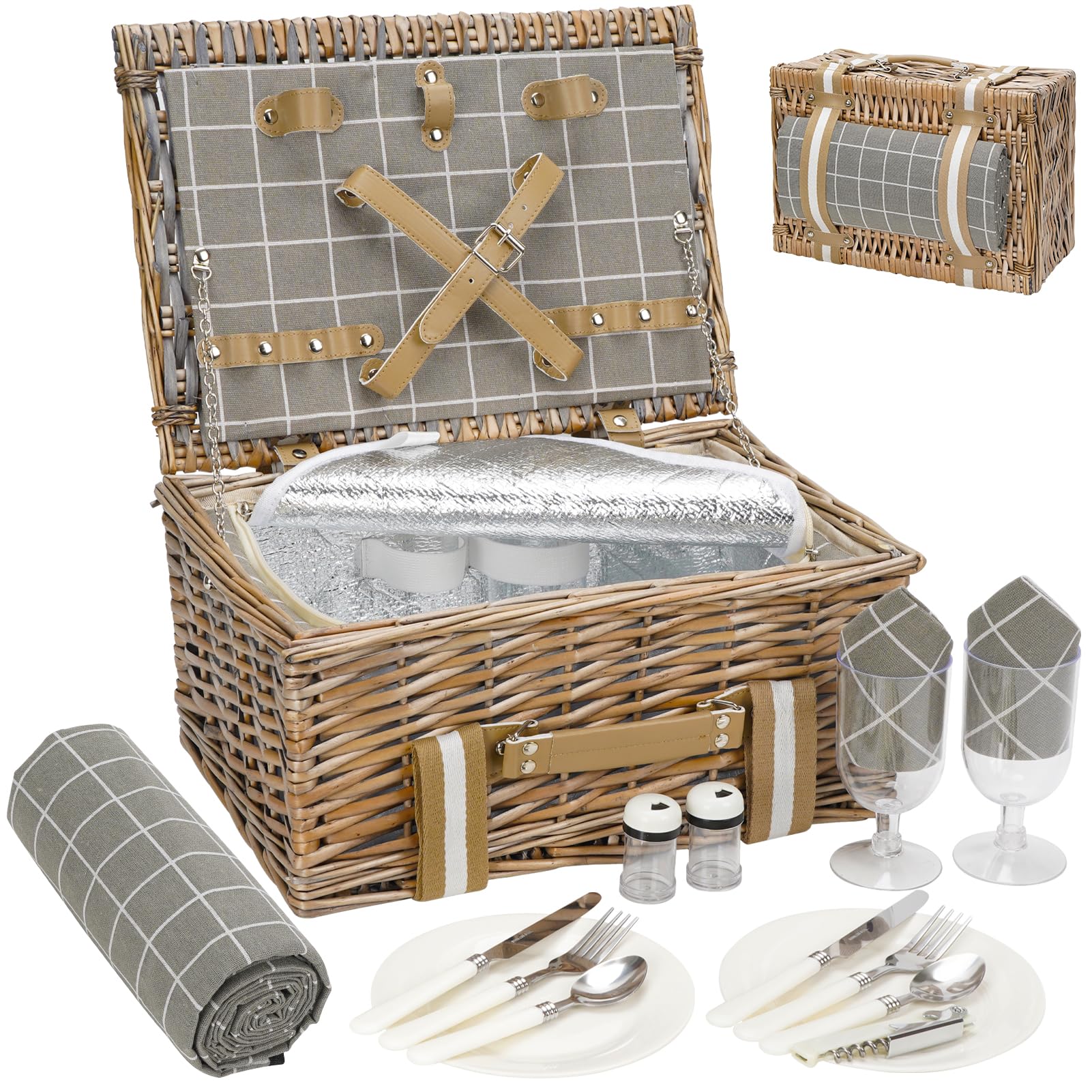Wicker Picnic Basket for 2 - Willow Basket with Waterproof Picnic Blanket | Willow Picnic Set with Insulated Cooler | Wicker Hamper with Cutlery Kit | Gift Basket for Christmas, Thanks Giving, Grey