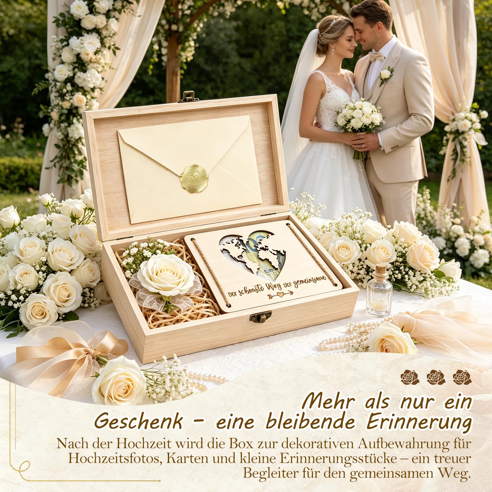 Caja de madera para regalo de boda, grande, regalo de boda para novios, caja de regalo con tarjeta, pinza para dinero y flores secas, para bodas para tu camino común