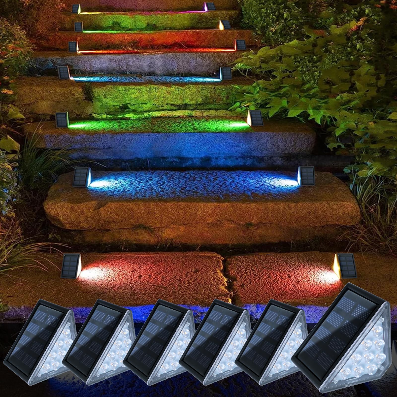 CILIENG 6 Stück RGB Solar Treppenlicht, IP67 Wasserdicht für Außen, 600mAh Lampe Dekoration, LED Treppenbeleuchtung für Stufen, Garten, Patio