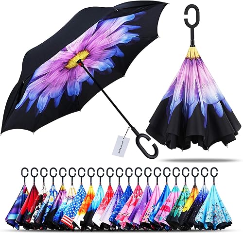 Miniatura 8 de Paraguas reversible y plegable de doble capa a prueba de viento, con soporte propio de diseño invertido, protección contra la lluvia, con mango en