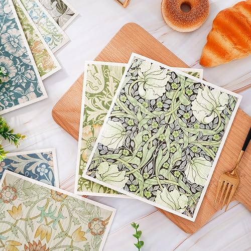 Miniatura 4 de AnyDesign - Paquete de 8 paños de cocina suecos con flores azules y verdes, reutilizables, lavables, de algodón, para la limpieza de fiestas en el