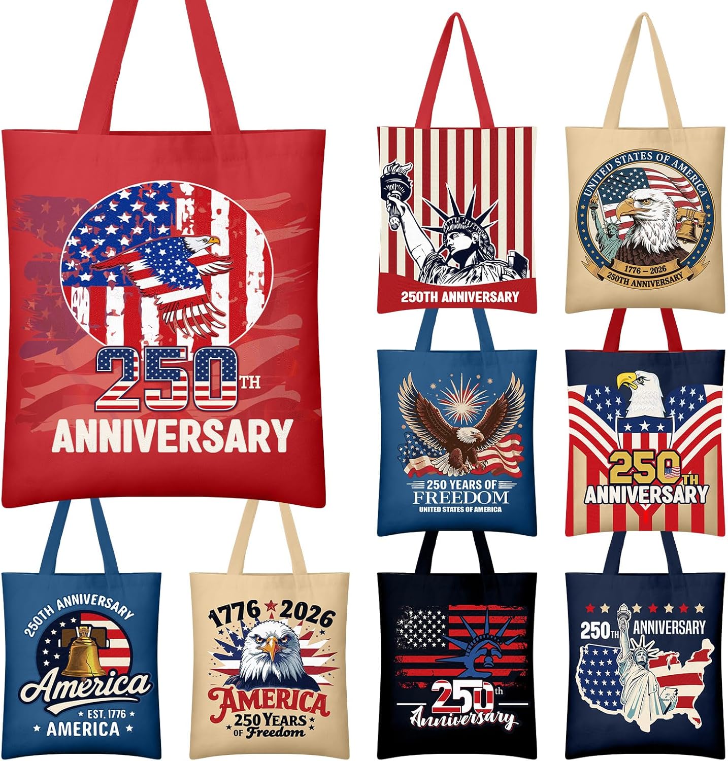 9 Pcs 250th Anniversary Brithday Gift for Women 250 Years Patriotic Historic America Canvas Tote Bags Bulk with Handle Ladies Celebrating Reusable Shopping Bags 1776-2026 Commemorative Gifts