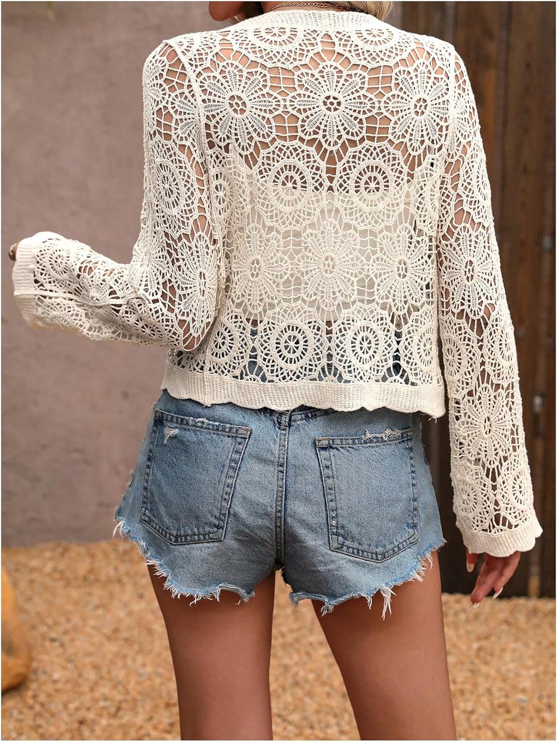 GORGLITTER Women's Crochet Lightweight Cardigans Sweater Cute Boho Fall Button Up Long Sleeve Teacher Short Cardigan - Image 2