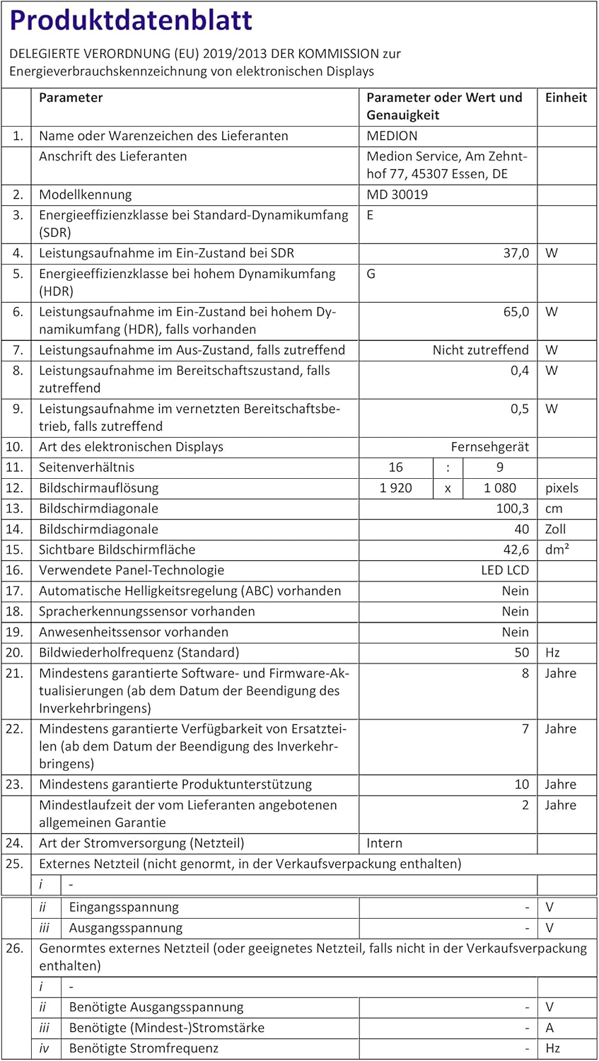 German product data sheet for MEDION MD 30019 TV.