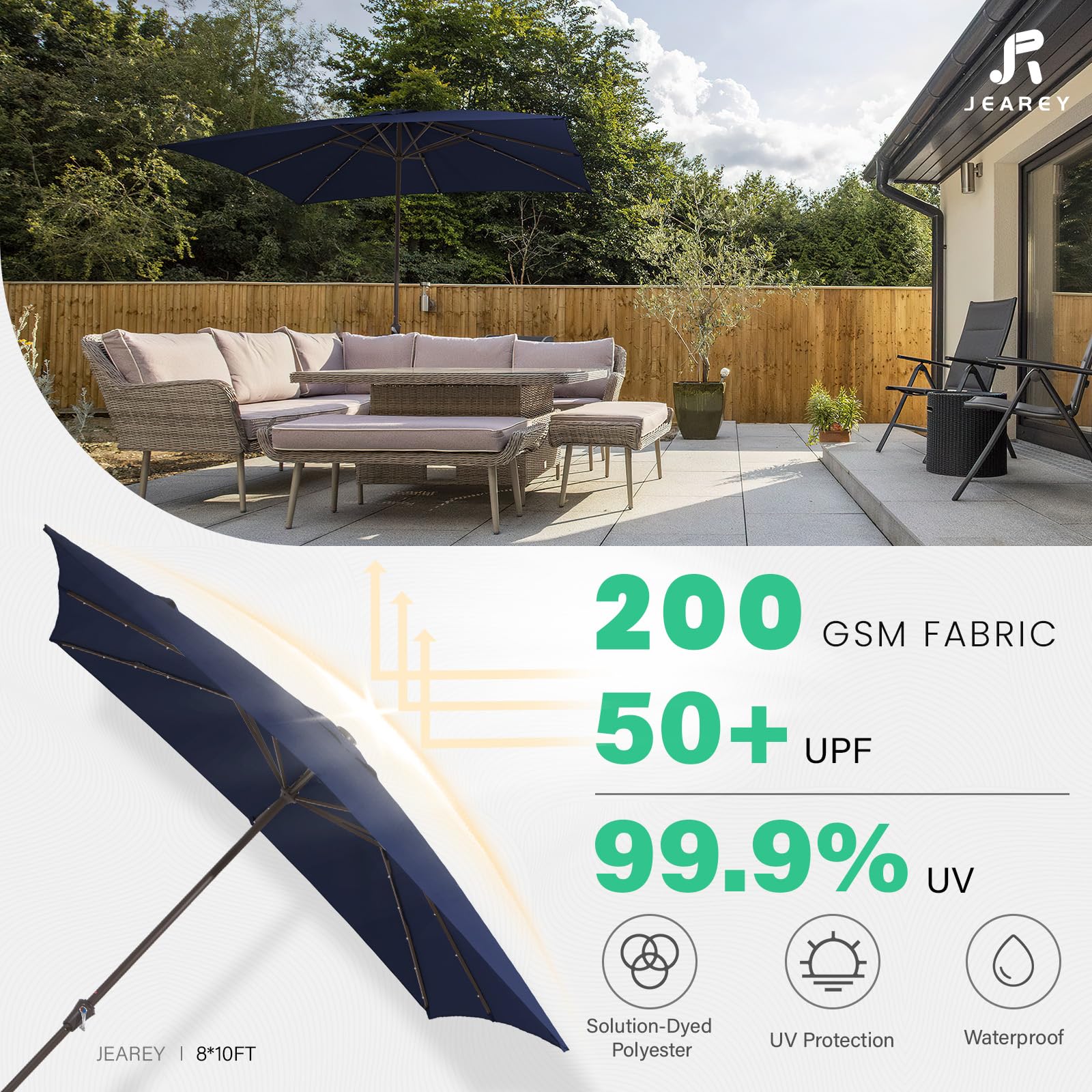 JEAREY 8x10 ft Rectangular LED Lighted Patio Umbrellas Outdoor Solar Table Market Umbrella w/Crank, 8 Sturdy Ribs, UV Protection Waterproof Sunproof(Dark Blue) : Patio, Lawn & Garden
