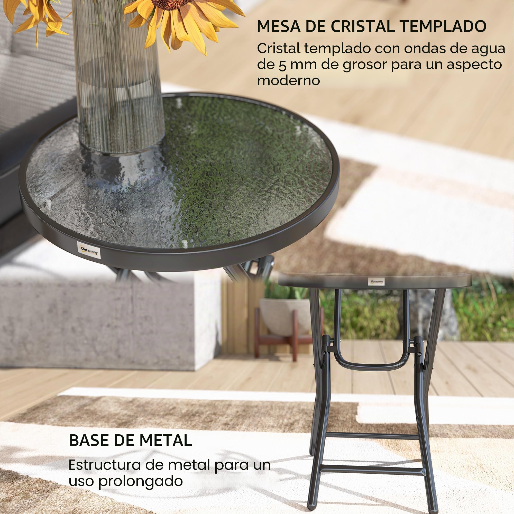 Outsunny - Mesa baja redonda para jardín, diámetro 60 x 50 cm, plegable, metal, color negro