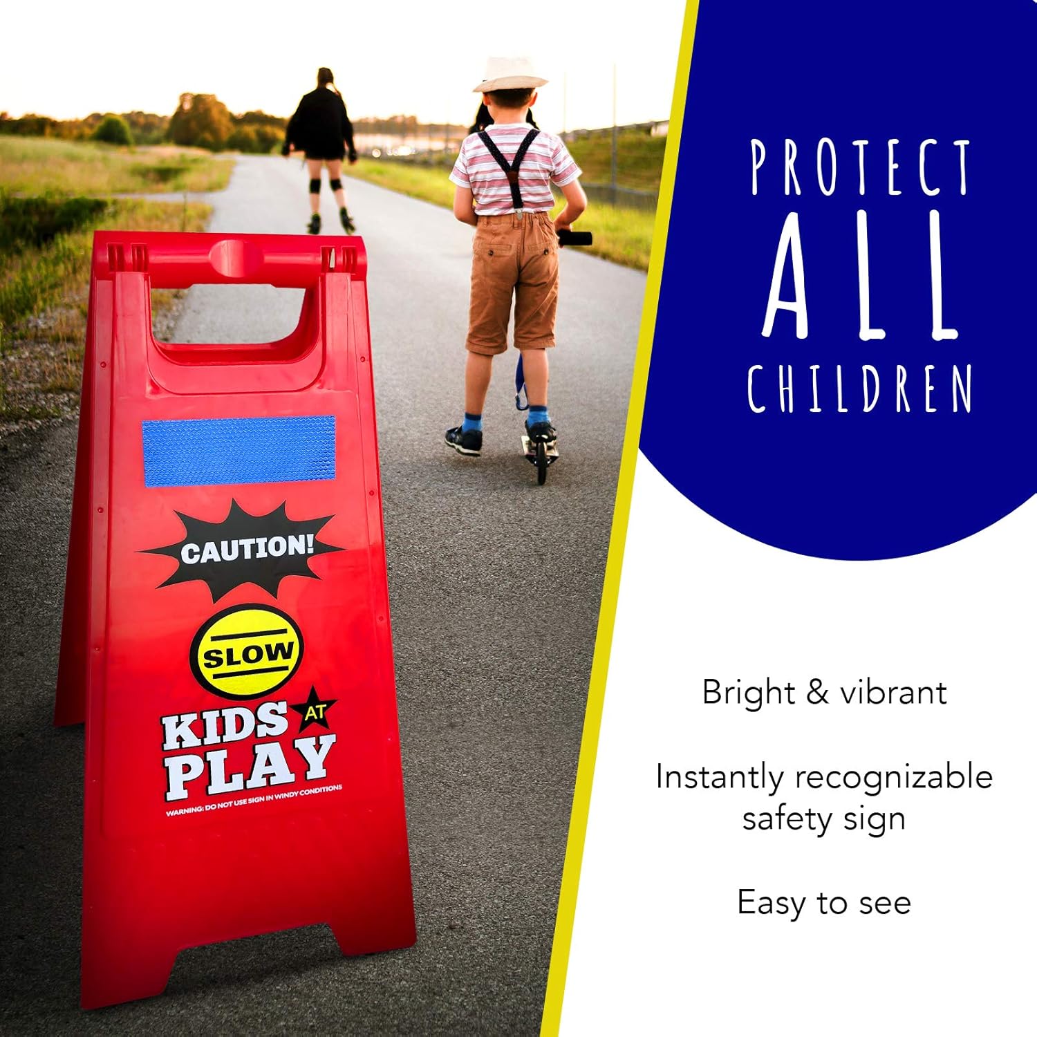 Reflective, Double-Sided, Bright Red Safety Signs for Kids at Play - Set of 4 - Foldable Standing Signs Ideal for Streets, Yards, Schools, and Playgrounds to Signal Drivers to Slow Down