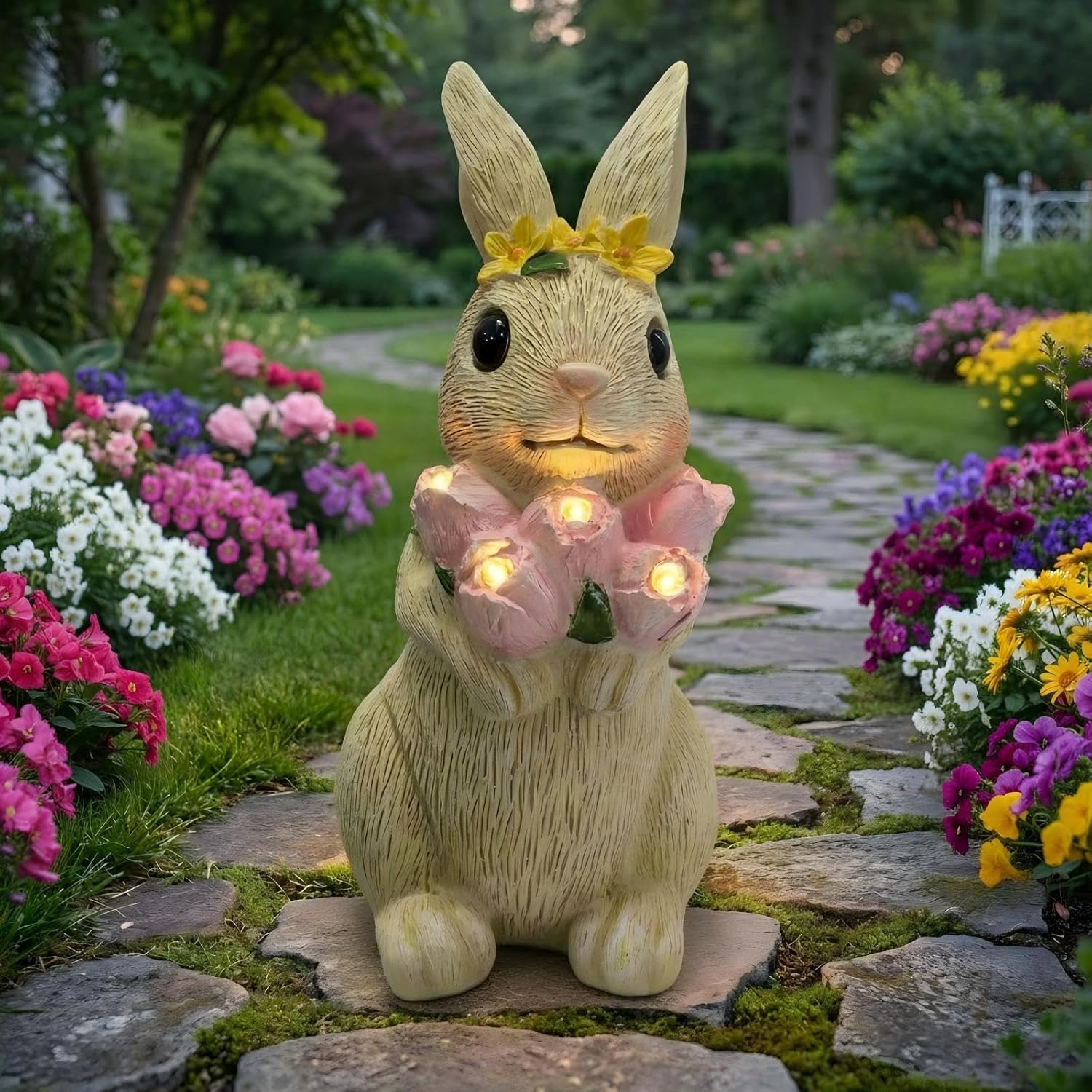 Solar Garden Statues Outdoor Decor,Rabbit Statue with Flowers and 5 LED Lights,Yard Decorations for Patio, Balcony, Backyard, Lawn Ornaments,Unique Birthday House Warming Gifts for Women, Mom, Grandma
