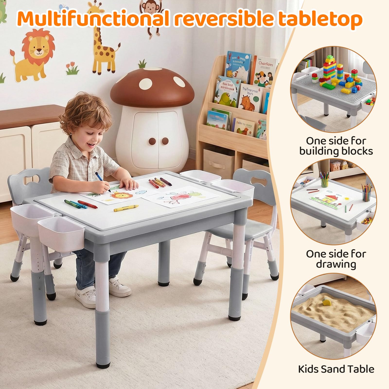MAMIZO Kindertisch mit 2 Stühlen, kindertisch stauraum & Wendeplatte,Grau | Tisch Stuhl höhenverstellbar & 88 x 63cm Graffiti-Tischplatte & Baustein Tisch Stuhl Set ,Aktivitätstisch Kinderzimmer Schule