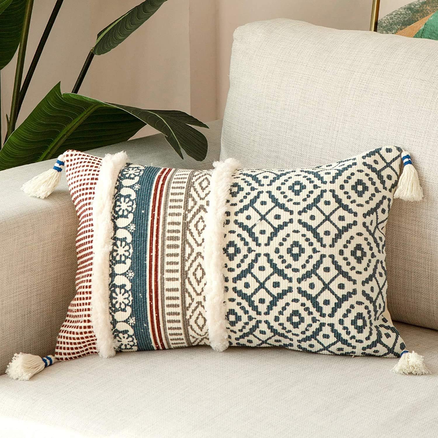2er Set Kissenbezug 45x45 Cm – Boho Ethno Blumenmuster, Leinen-Optik, Mit Unsichtbarem Reißverschluss