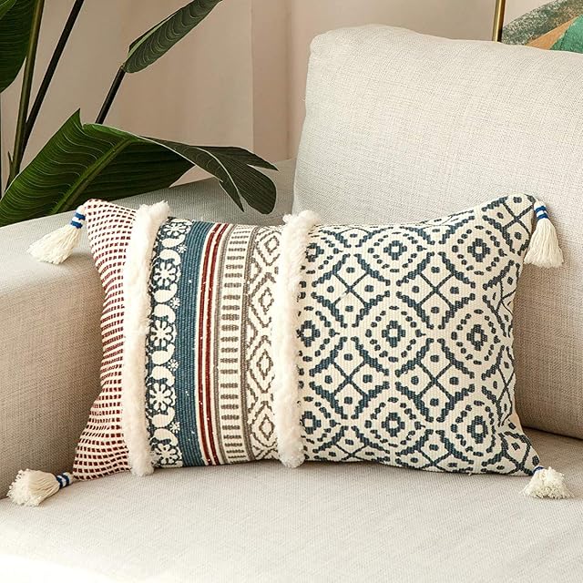hi-home Boho Cushion Covers 30x50cm, Decorative Boho Throw Pillow Covers Square Woven Tufted Cotton Pillowcases with Tassels Large Cushion Cover, Home Decor for Couch Sofa Bedroom Livingroom (Blue)